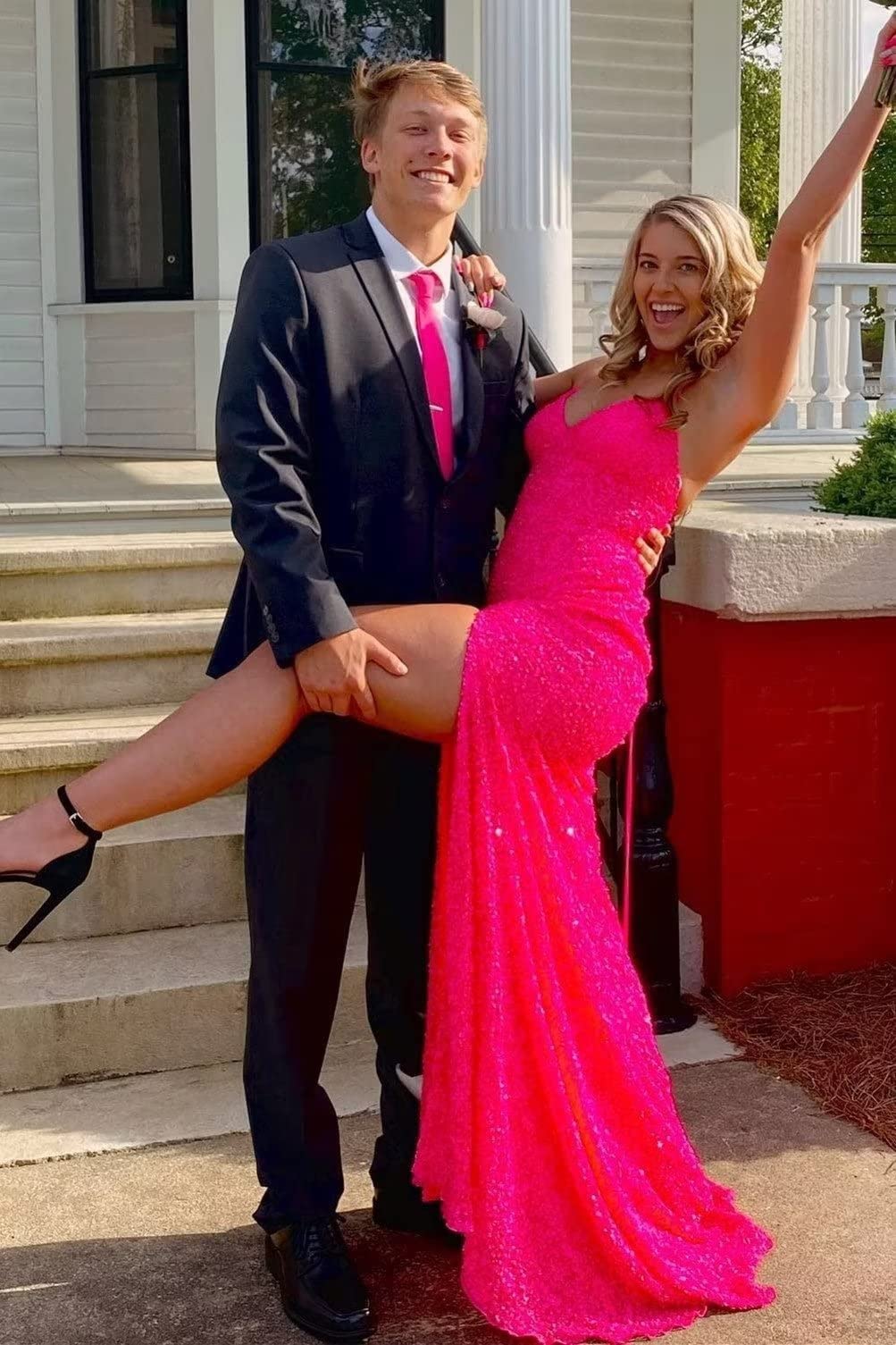 Sparkly Sequin Mermaid Prom Dresses for Women - Backless Formal Evening Gown with High Slit in Hot Pink (Size 18) | Perfect for Homecoming, Pageants & Special Occasions