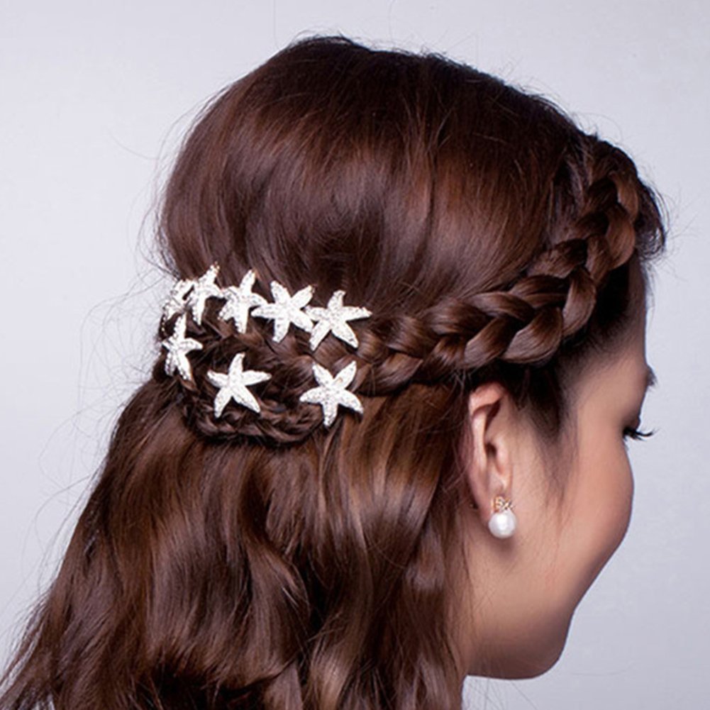 10Pcs Silver Tone Crystal Starfish Hair Pins - Wedding Hair Accessories for Brides, Beach Themed Party & Daily Hair Styling | Perfect for Beach Weddings, Summer Parties and Boho Hairstyles