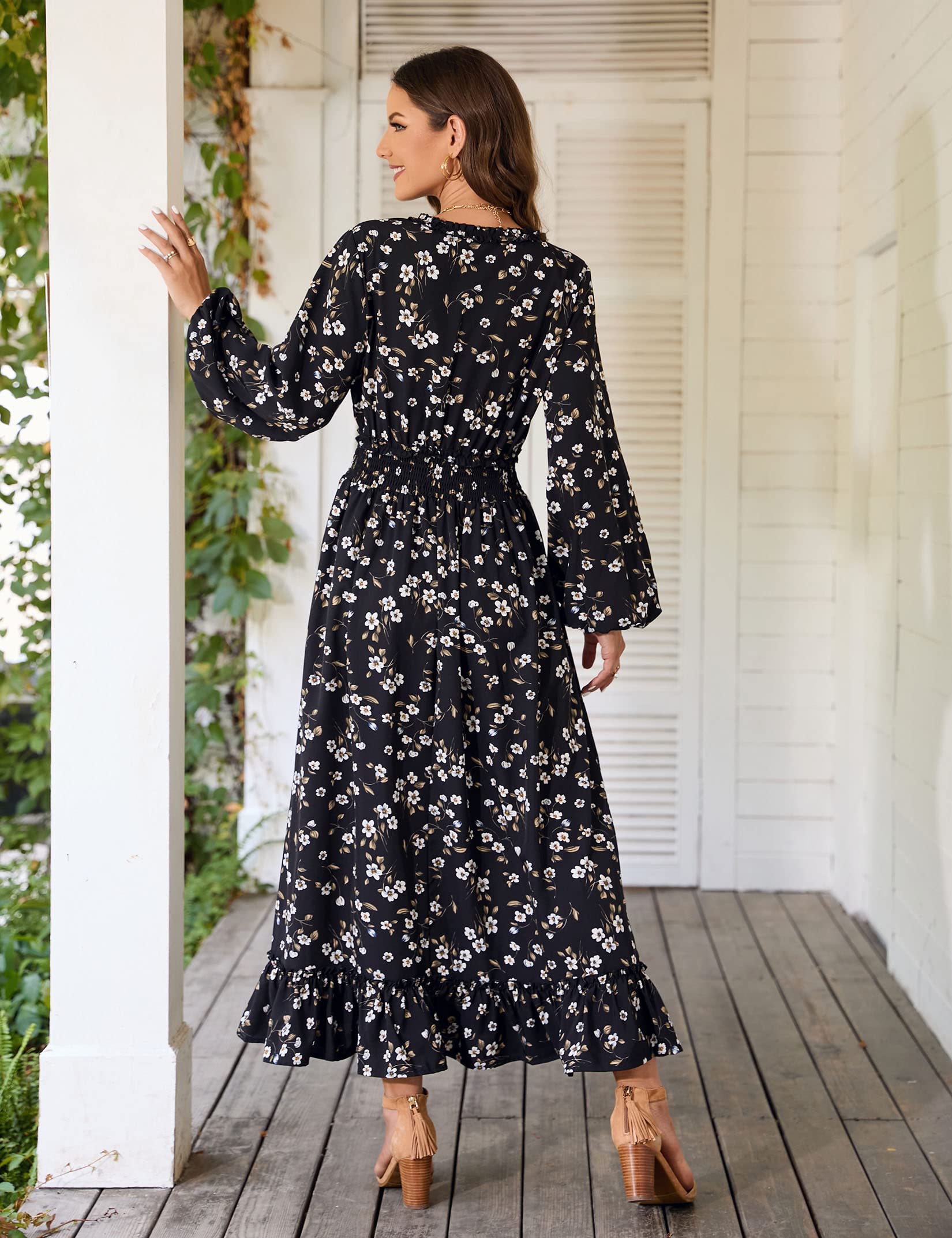 MISSKY Women's Casual V-Neck Boho Floral Print Maxi Dress - Bohemian Flowy Wedding Guest Dress for Summer Beach, Party & Vacation