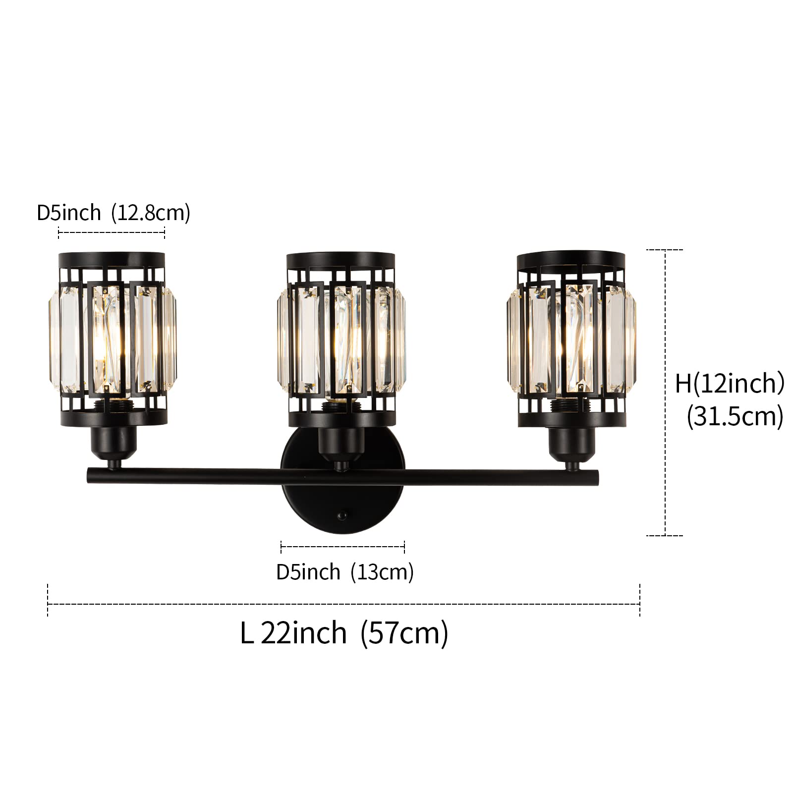Rustic Industrial Black Vanity Light with Crystal Lampshade - 3 Light Bathroom Wall Sconce, E26 Base (Bulb Not Included) - Perfect for Modern Farmhouse, Vintage Bathroom & Dressing Room Lighting