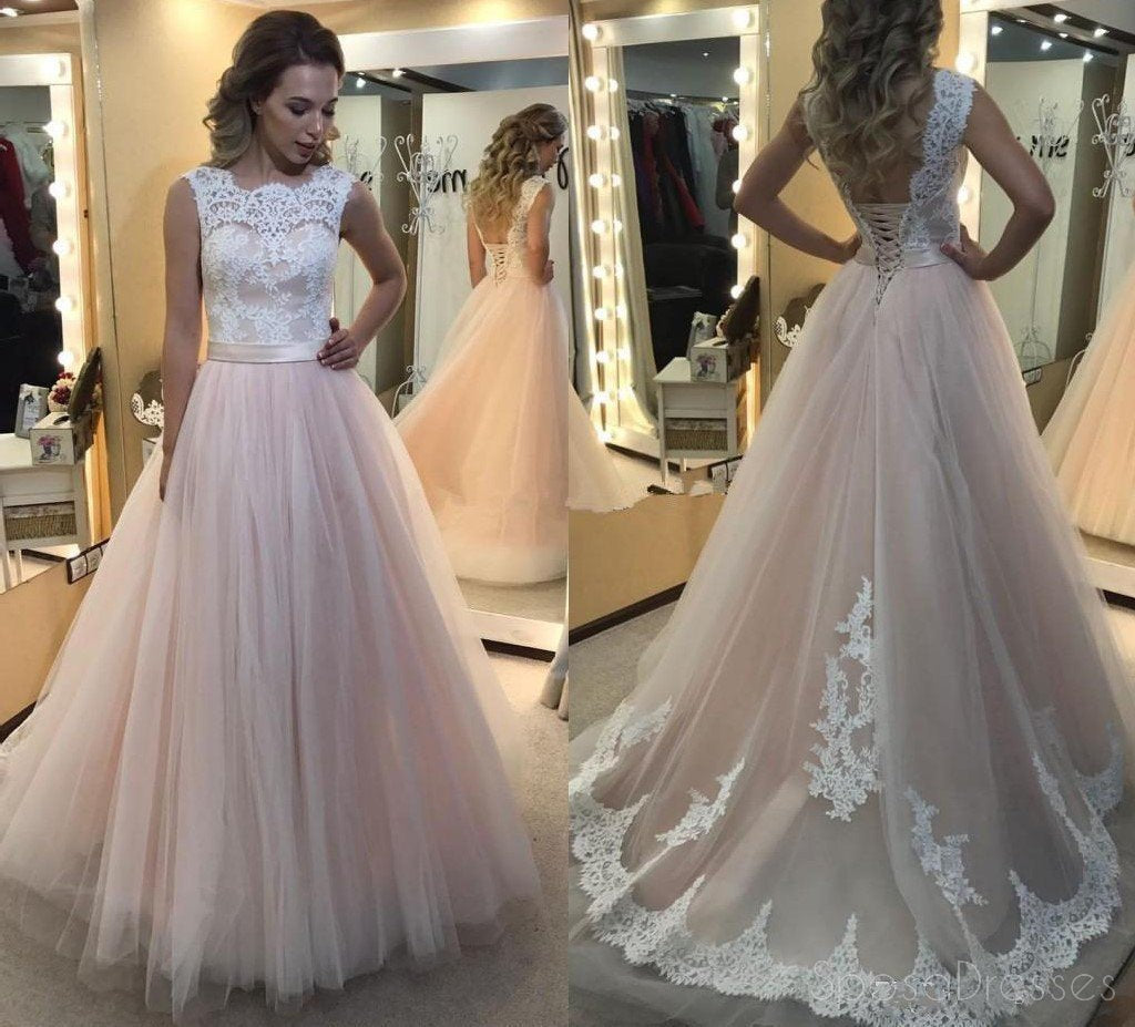 Elegant Lace Pale Pink Tulle A-Line Evening Prom Dress for Sweet 16 | Custom Long Formal Gown for Homecoming & Prom Night | Perfect for Dances, Weddings & Special Occasions