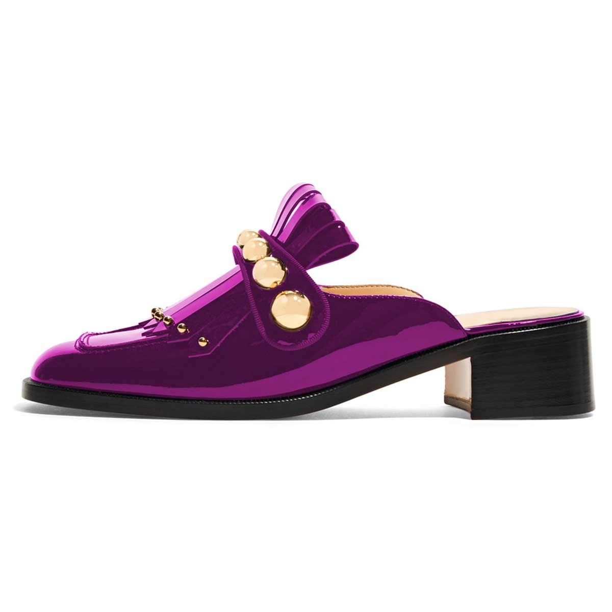 XYD Women's Fashion Square Toe Mules - Low Chunky Heel Slip-On Sandals with Studs & Tassels for Casual Wear, Office, and Summer Outfits