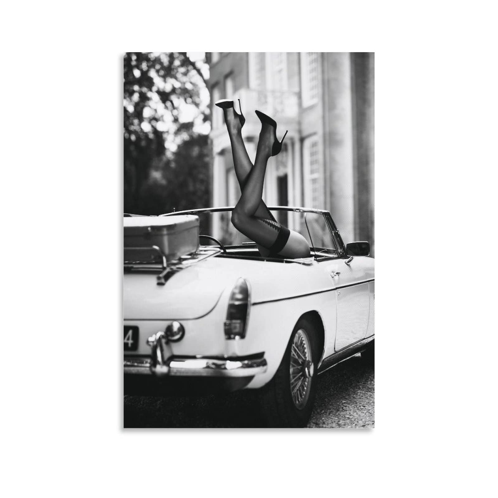 Vintage Classic Car Black and White High Heels Art Poster - Modern Canvas Wall Decor for Bedroom & Living Room - 12x18 inches (30x45cm) Unframed - Perfect for Home Office, Man Cave or Automotive Enthusiast Gift