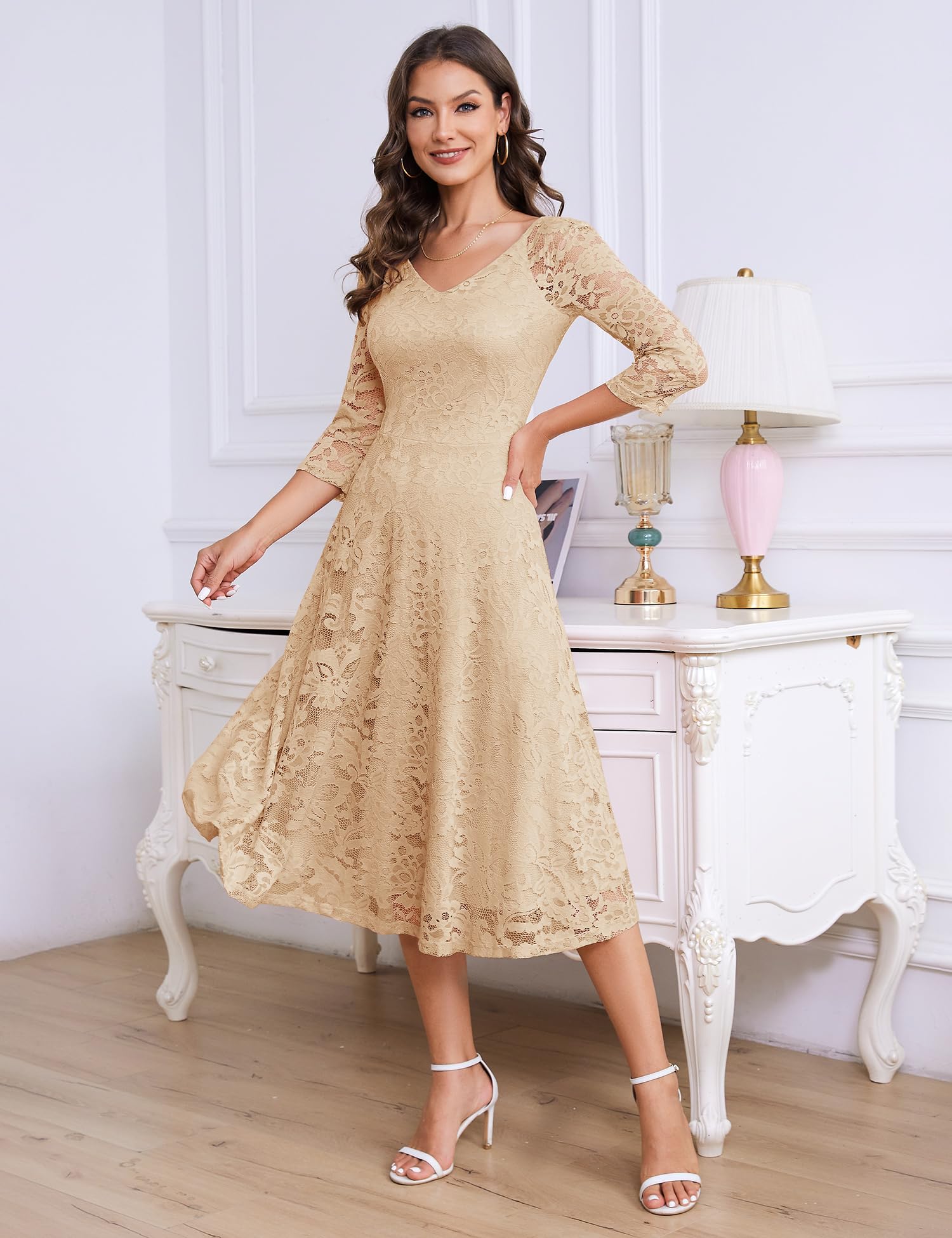 Elegant Long-Sleeve Lace Wedding Guest Dress for Women - A-Line Formal Cocktail Party Midi Gown | Perfect for Prom, Evening Events & Special Occasions