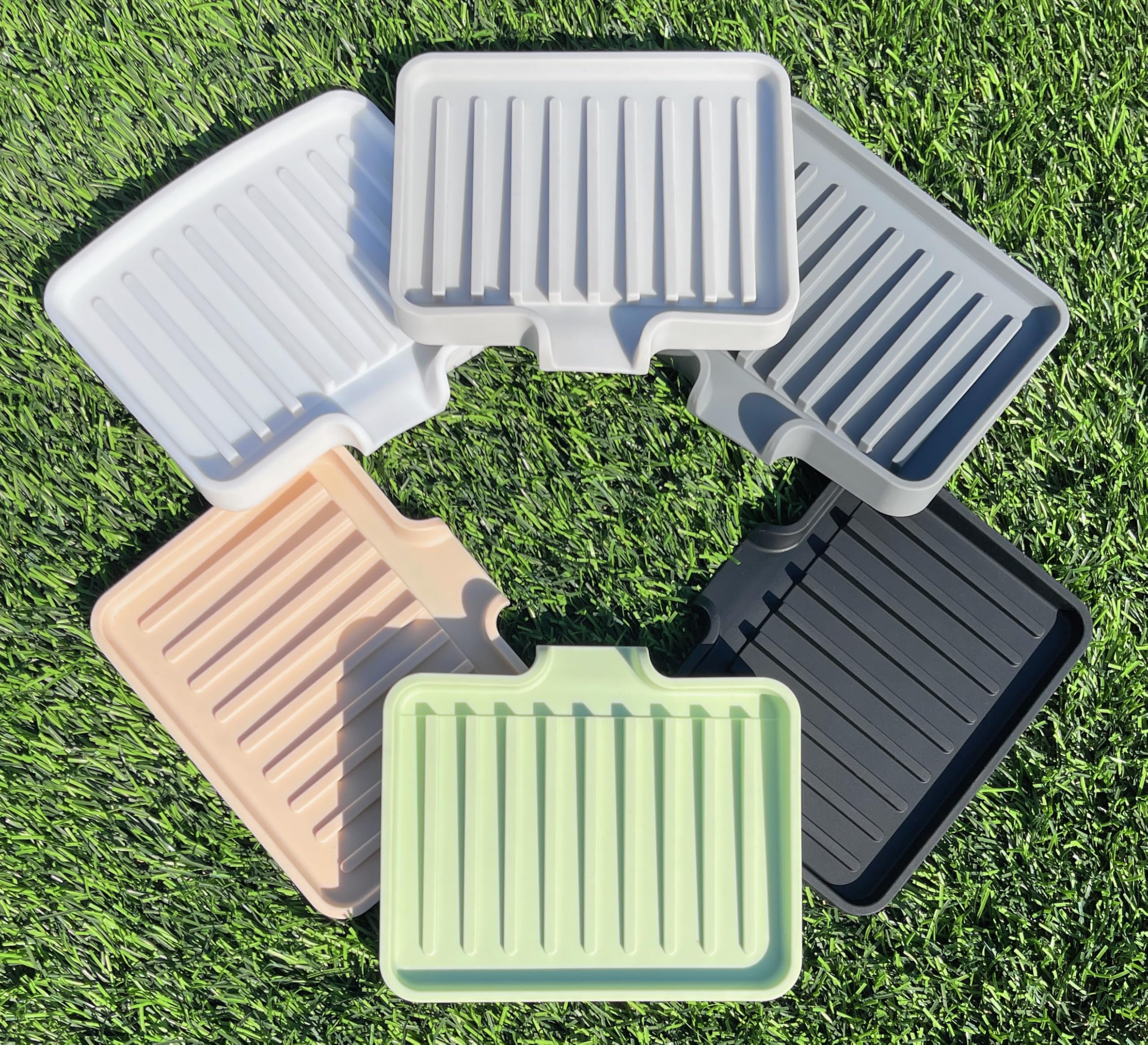 Happitasa 2-Pack Silicone Soap Dish Tray with Drain Chute & Sponge Holder - Non-Slip Bathroom & Kitchen Sink Organizer (Black, 5.2