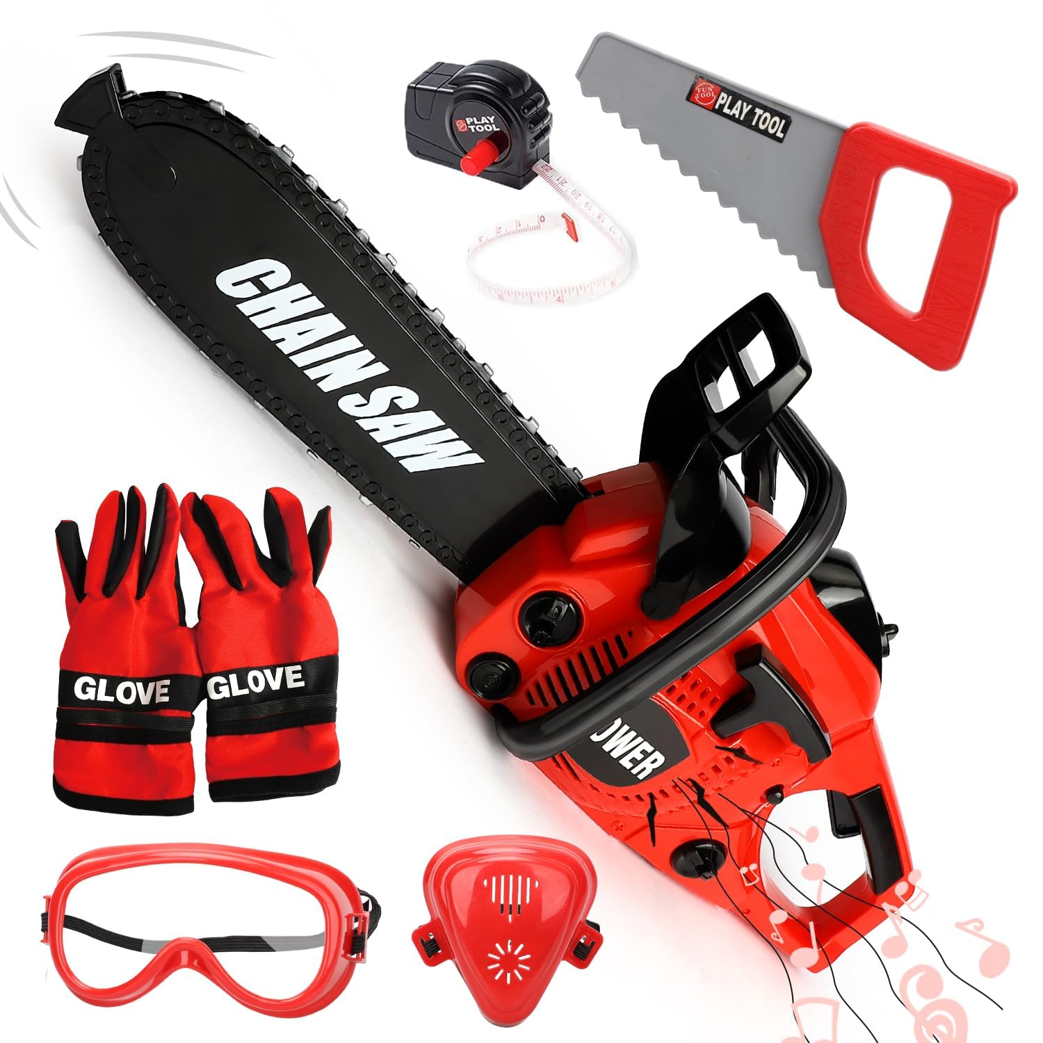 TOY Life Kids Pretend Play Electric Toy Chainsaw Set with Safety Gloves - Construction Tool Toy for Boys & Girls Ages 3-8 - Outdoor Play, Halloween Costume, Birthday Gift, Role Play & DIY Projects