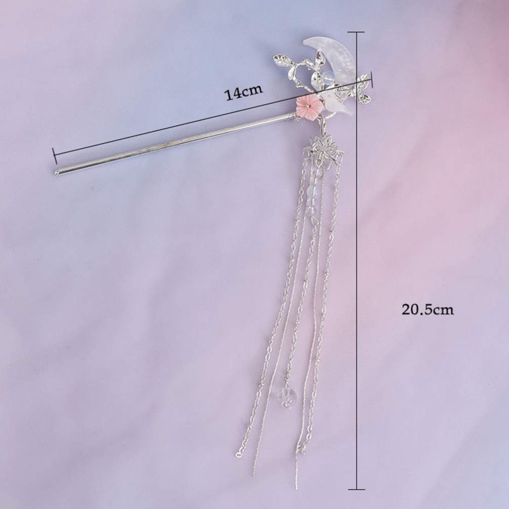 Moon Design Tassel Hair Stick - Chinese Hair Chopstick & Hair Fork for Women & Girls | Silver Hair Clip & Hairpin Accessories | Perfect for Weddings, Parties & Traditional Hairstyles