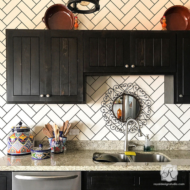 Premium Subway Tiles Herringbone Pattern Wall Stencil - DIY Home Decor for Kitchen Backsplash, Bathroom & Accent Walls