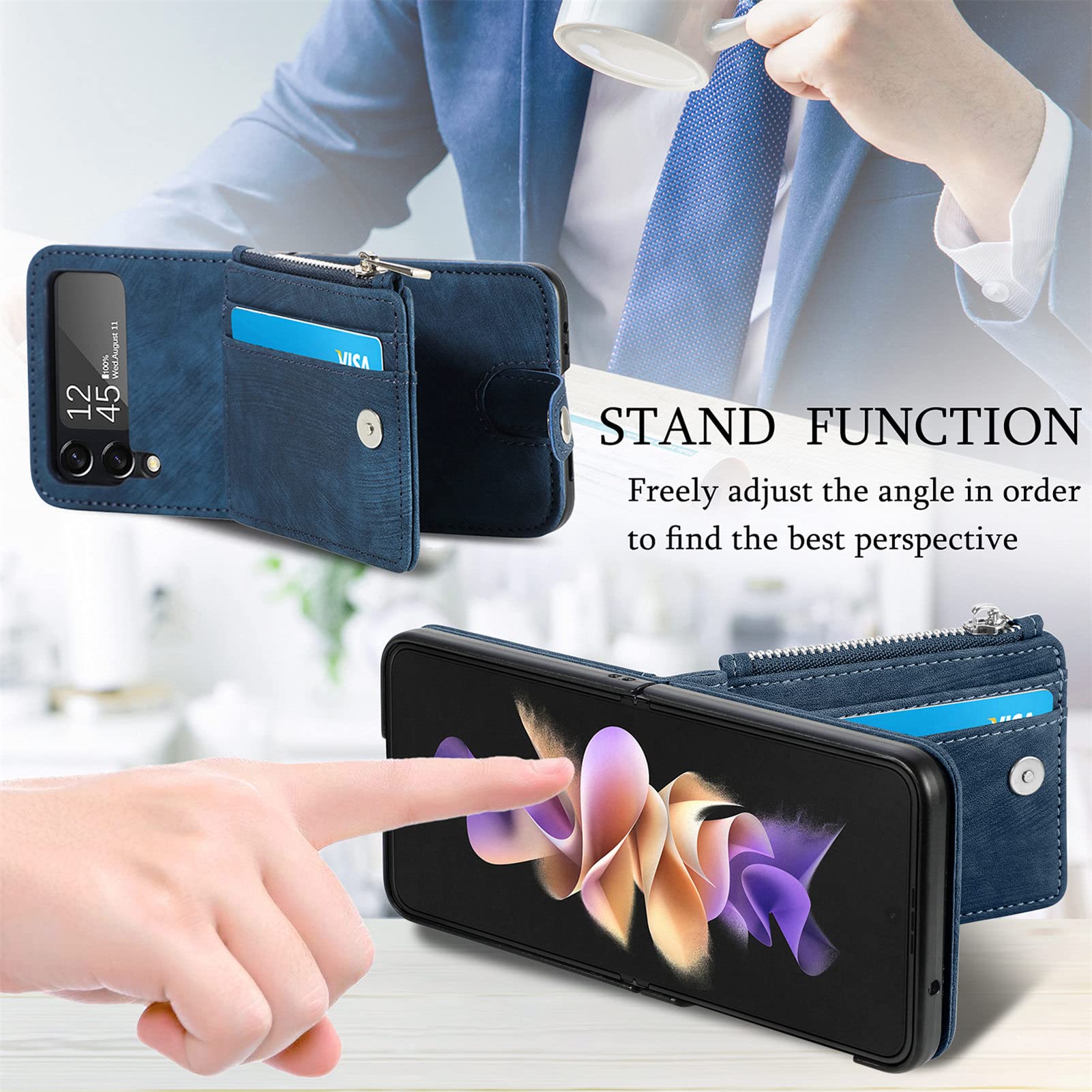 Samsung Galaxy Z Flip 4 Leather Wallet Case with Detachable Card Holder & Magnetic Kickstand - Shockproof Minimalist Front Pocket Phone Cover for Men & Women (Blue) | Perfect for Everyday Use, Travel, and Business Meetings