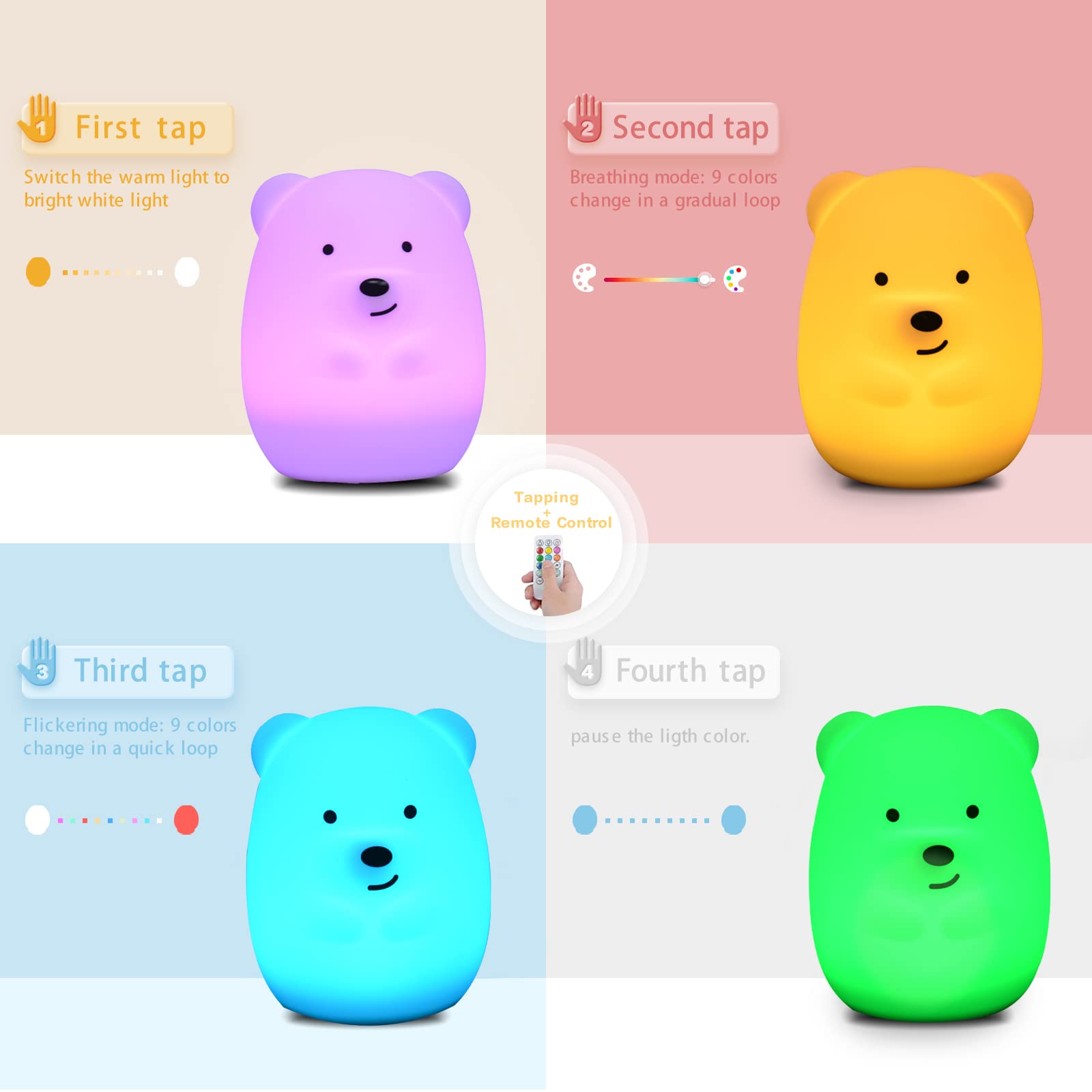 Medium Bear Night Light - 9 Color Changing, USB Rechargeable, Touch Control for Kids & Adults - Perfect for Bedrooms & Nurseries