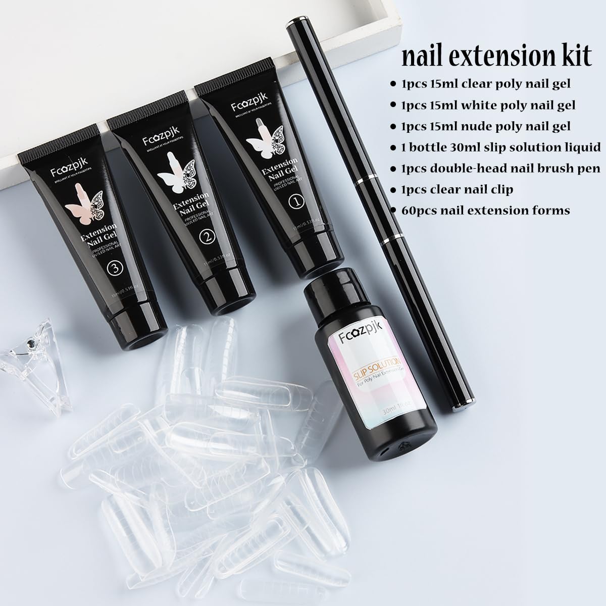 Poly Extension Gel Nail Kit - Clear White Pink Builder Gel with Slip Solution | Dual Nail Forms & Clips | Professional Poly Gel Starter Kit for Home Manicures | Perfect for DIY Nail Art & Salon-Quality Extensions