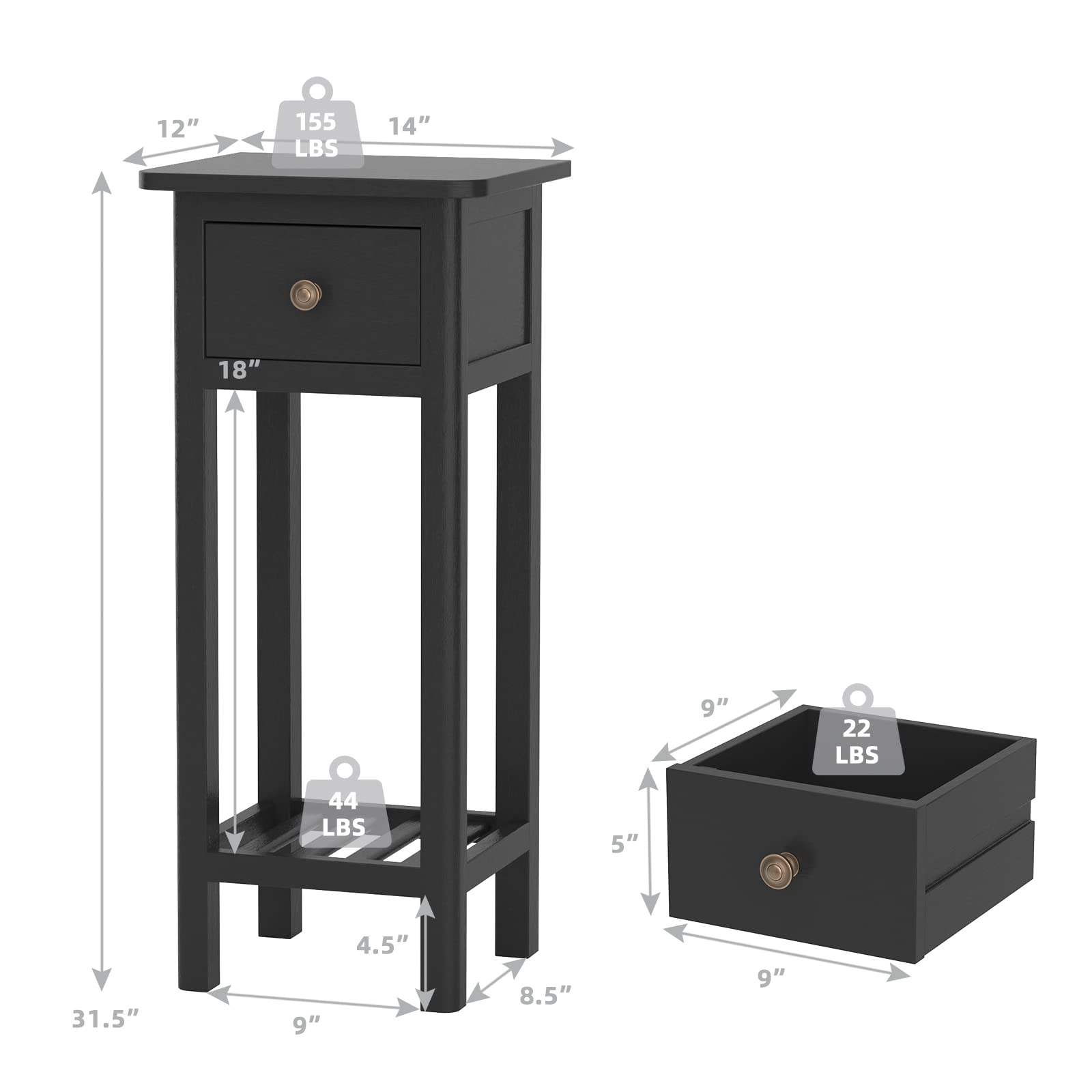 Giantex Set of 2 Tall Narrow End Tables with Drawer and Shelf - Acacia Wood Nightstand & Bedside Table for Small Spaces - No Assembly Required Black - Perfect for Living Room, Bedroom & Apartment Decor