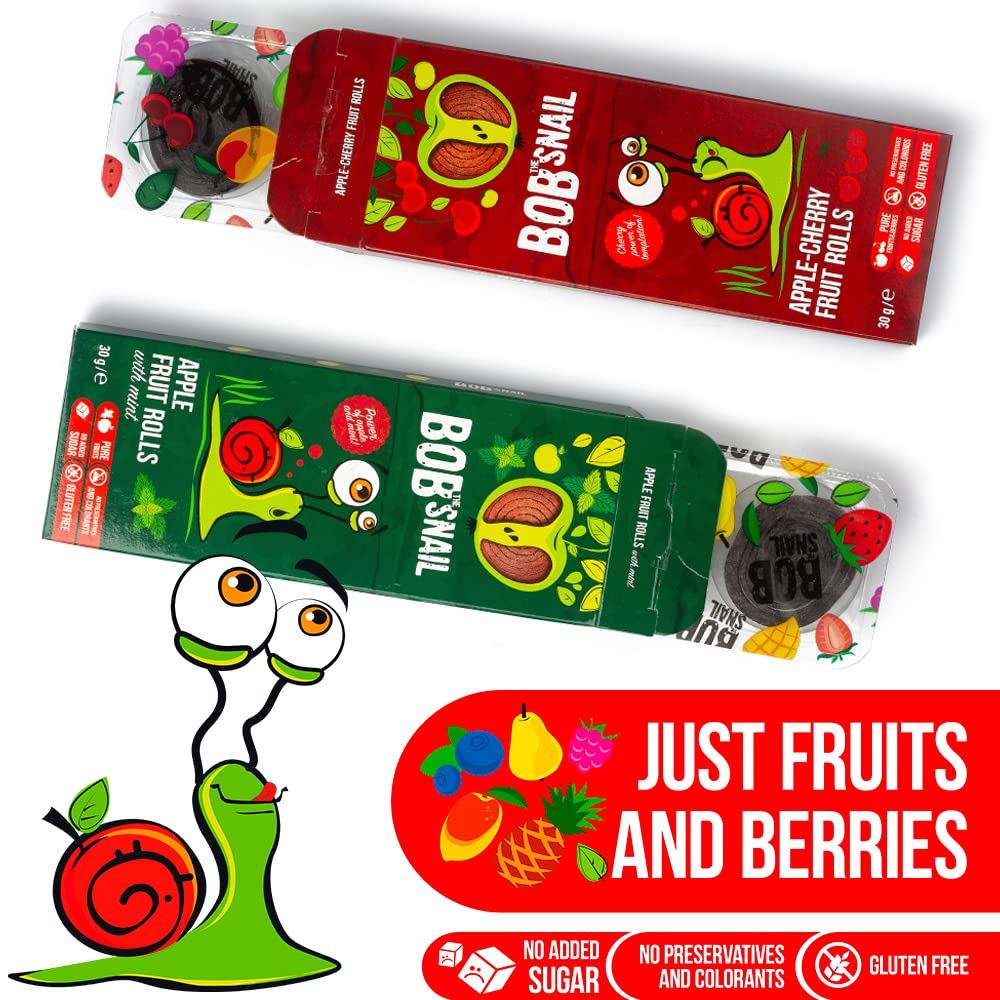 BOB SNAIL Healthy Fruit Roll Ups Variety Pack - 60 Individual Snack Packs with Natural Fruit Leather (Apple, Cherry, Plum, Pumpkin, Mint) - Vegan, Low Carb, Gluten-Free Snacks for Kids & Adults - Perfect for School Lunches, Office Snacks & On-the-Go Energy
