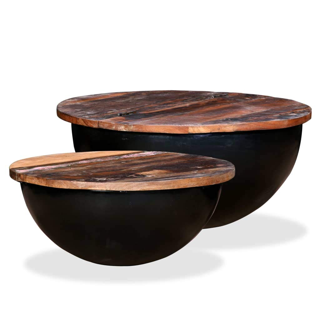 Rustic Wood End Side Table Set of 2 - Bowl Shape Coffee Tables with Storage Shelf (Black) - Perfect for Living Room, Bedroom & Small Space Decor