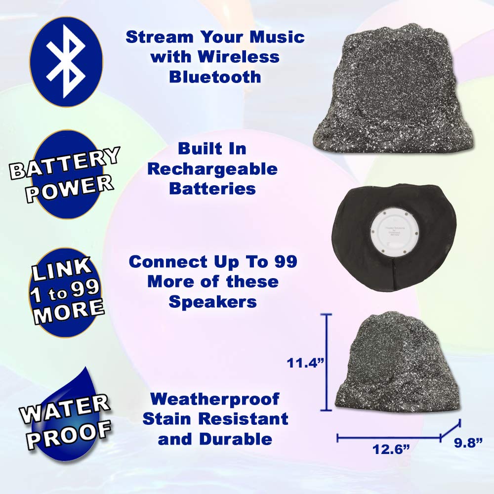 Theater Solutions by Goldwood B61GG Wireless Rechargeable Bluetooth Outdoor 6.5 Inch Rock Speaker System – Granite Gray, Set of 2, 200 Watts - Perfect for Patio, Garden, Poolside & Backyard Entertainment