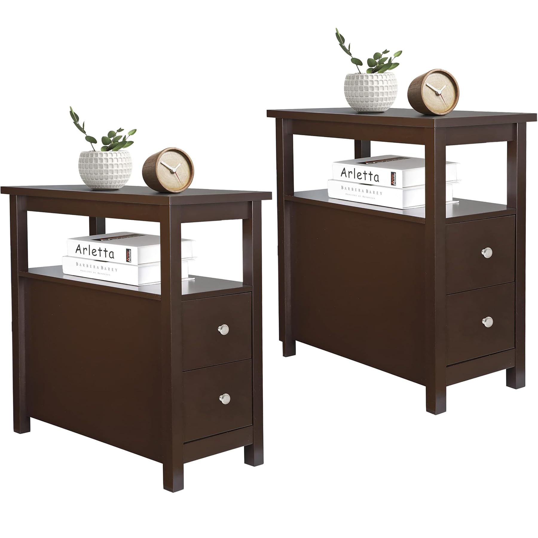 ZENY 2-Piece Narrow Side Table Set with Storage Shelf & Drawers - Small End Table for Bedroom, Living Room, Kitchen - Espresso Wood Finish - Perfect for Compact Spaces, Nightstands, Sofa Side Tables & Home Organization