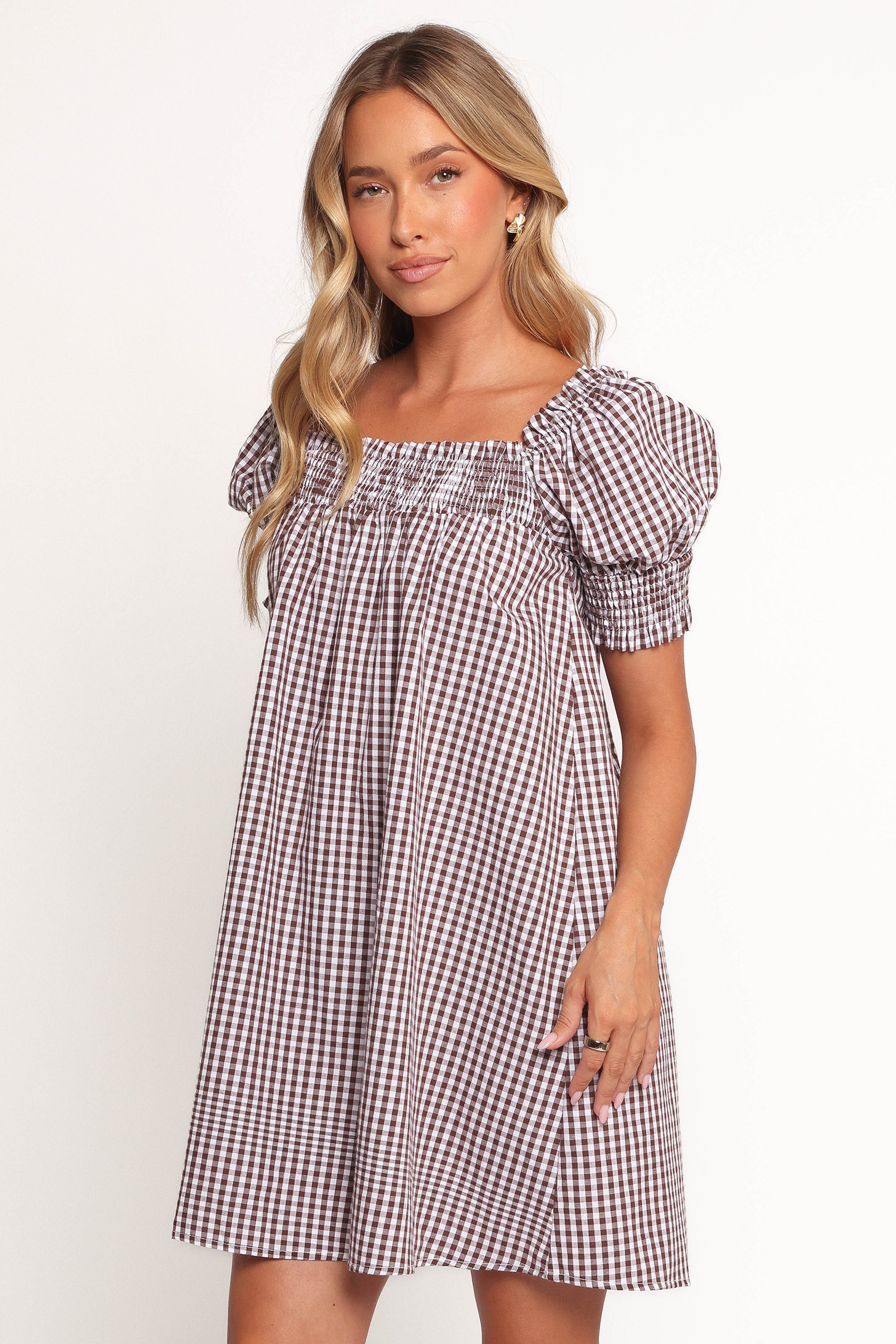 Kennedy Smock Mini Dress - Flowy Short Sleeve Summer Dress in Chocolate Gingham Print | Perfect for Beach Vacations, Brunch Dates & Casual Outings