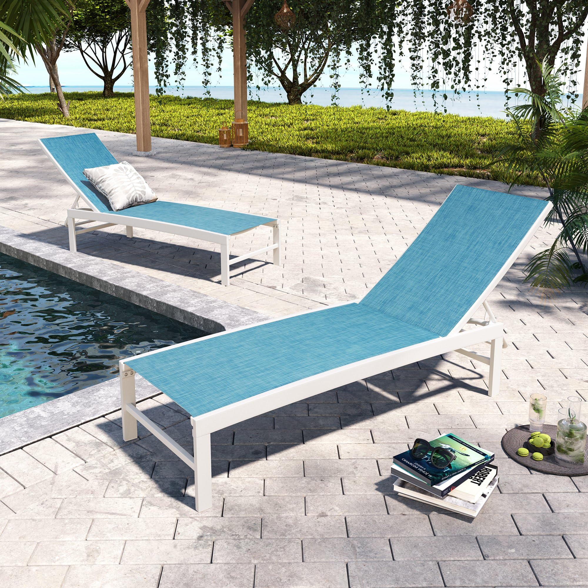 Pellebant Outdoor Lounge Chairs Set of 2 - Patio Aluminum Chaise Lounge Chairs with Adjustable Backrest, Rustproof Poolside Sunbathing Chairs for Deck, Backyard & Beach (2-Piece Set, Blue) | Perfect for Poolside Relaxation, Sunbathing & Outdoor Lounging