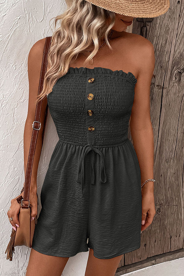 Solid Color Tube Top Button Pleated Casual Rompers for Women - Summer Outfits, Beachwear & Lounge Wear