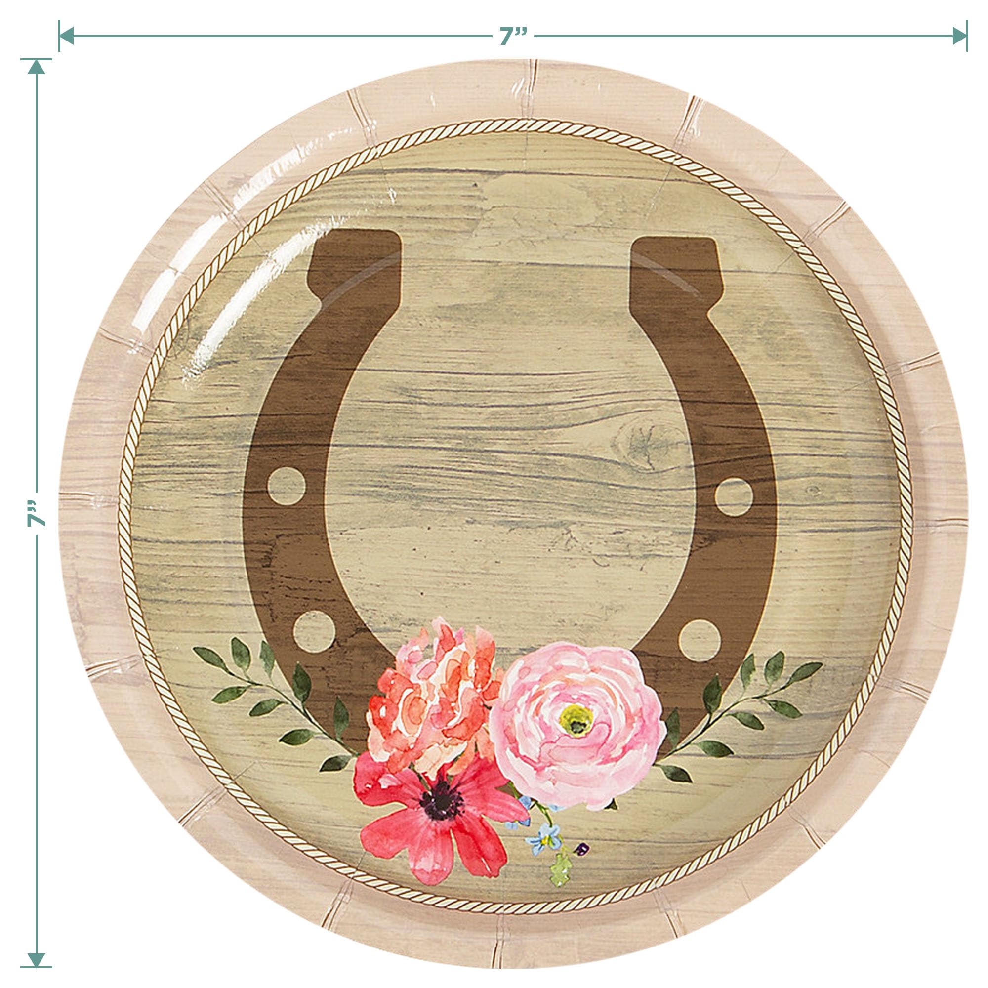 Farmhouse Floral Horseshoe Paper Dessert Plates & Napkins Set - 16-Piece Horse Party Tableware for Birthday, Baby Shower & Western Themed Events