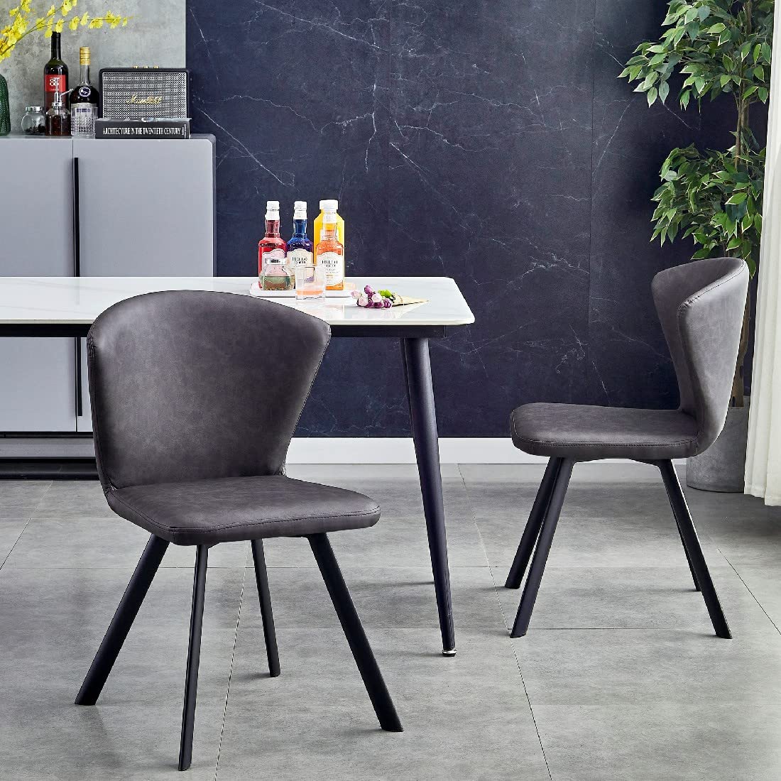Modern Luxury PU Dining Room Chairs Set of 2 - Black Legs & Dark Grey Upholstery - Comfortable Contemporary Dining Chairs for Home, Restaurant, or Office Use