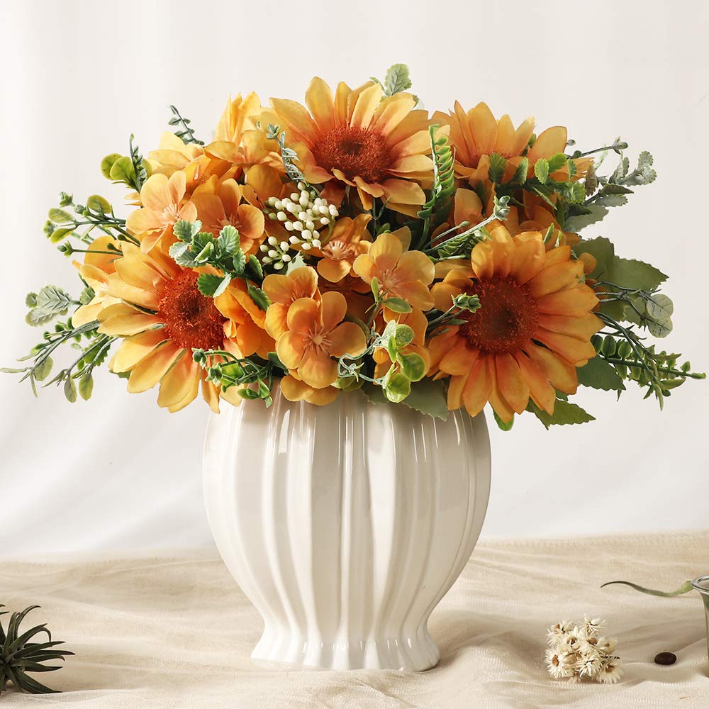 JARELING Artificial Sunflowers in Vase - Realistic Silk Flower Arrangement with Vase, Orange Table Centerpiece for Home Decor | Perfect for Living Room, Wedding, Office & Party Decoration