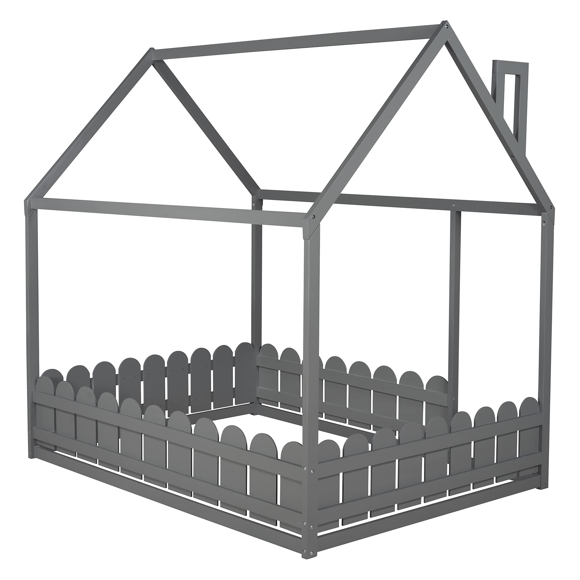 **Danxee Full Size House Bed Frame with Roof & Fence Railings - Sturdy Wooden Kids Bed for Playroom, Nursery, or Bedroom (Gray, Full Size) - Perfect for Imaginative Play & Cozy Sleep**