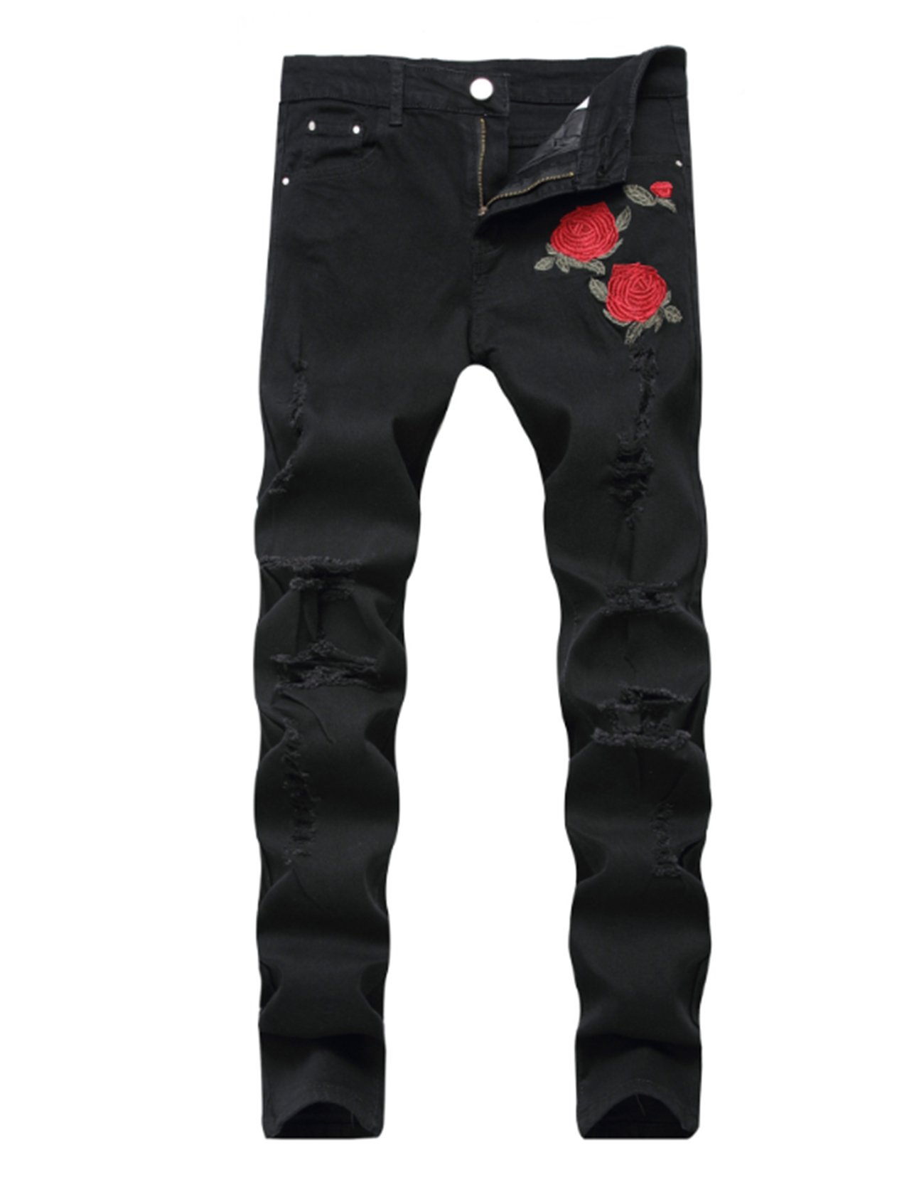 Newrong Men's Floral Embroidered Straight Leg Jeans - Casual Stretch Denim Pants for Everyday Wear & Street Style