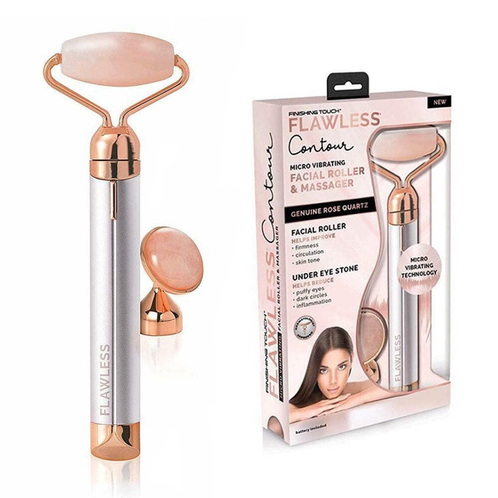 Finishing Touch Flawless Contour Vibrating Facial Roller & Massager - Rose Quartz Stone for Skin Tightening, Wrinkle Reduction & Lymphatic Drainage | Perfect for At-Home Spa, Self-Care Routine & Anti-Aging Skincare