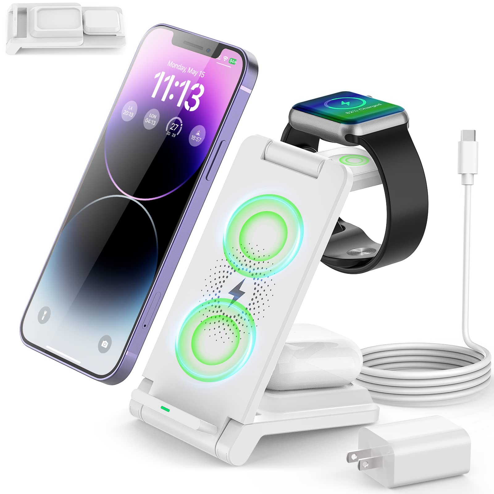 3-in-1 Foldable Wireless Charging Station - 18W Fast Charger for iPhone 16/15/14/13/12 Pro Max & Galaxy S23 | Portable Travel Charger for Apple Watch Series 9/8 & AirPods Pro/4/3/2 | Perfect for Home, Office & Travel Use