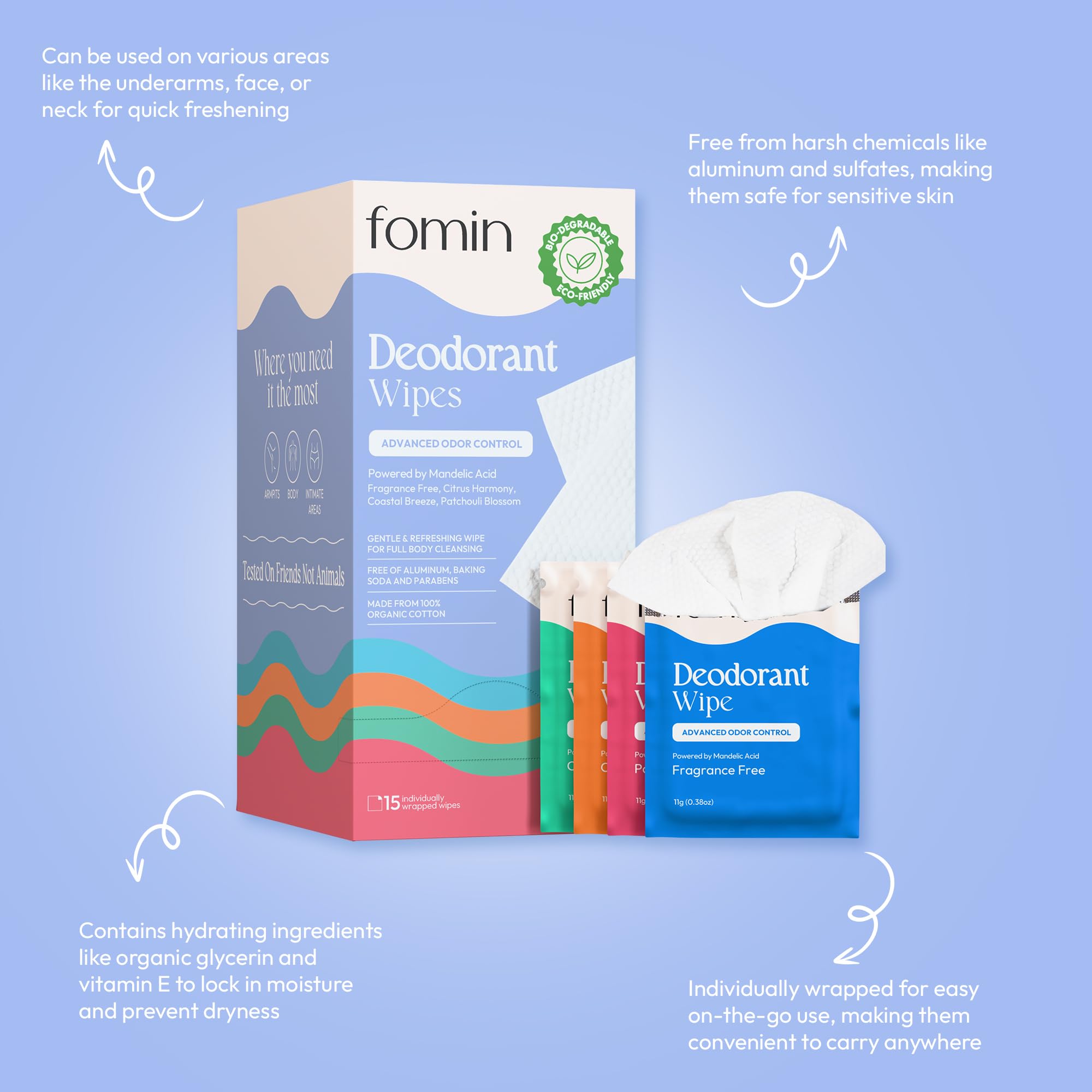 FOMIN Acidified Travel Deodorant Wipes for Women & Men - 15 Count Variety Pack | pH Balanced Mini Deodorant Wipes | Plastic-Free, Individually Wrapped Body Wipes for Underarms | Perfect for Gym, Travel & On-the-Go Freshness