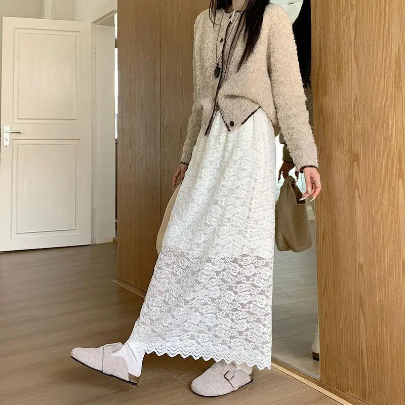 Vintage White Lace Pleated A-Line Split Skirt for Women - Elegant High Waist Black Midi Skirt for Fall Winter | Perfect for Vacation, Party & Office Wear