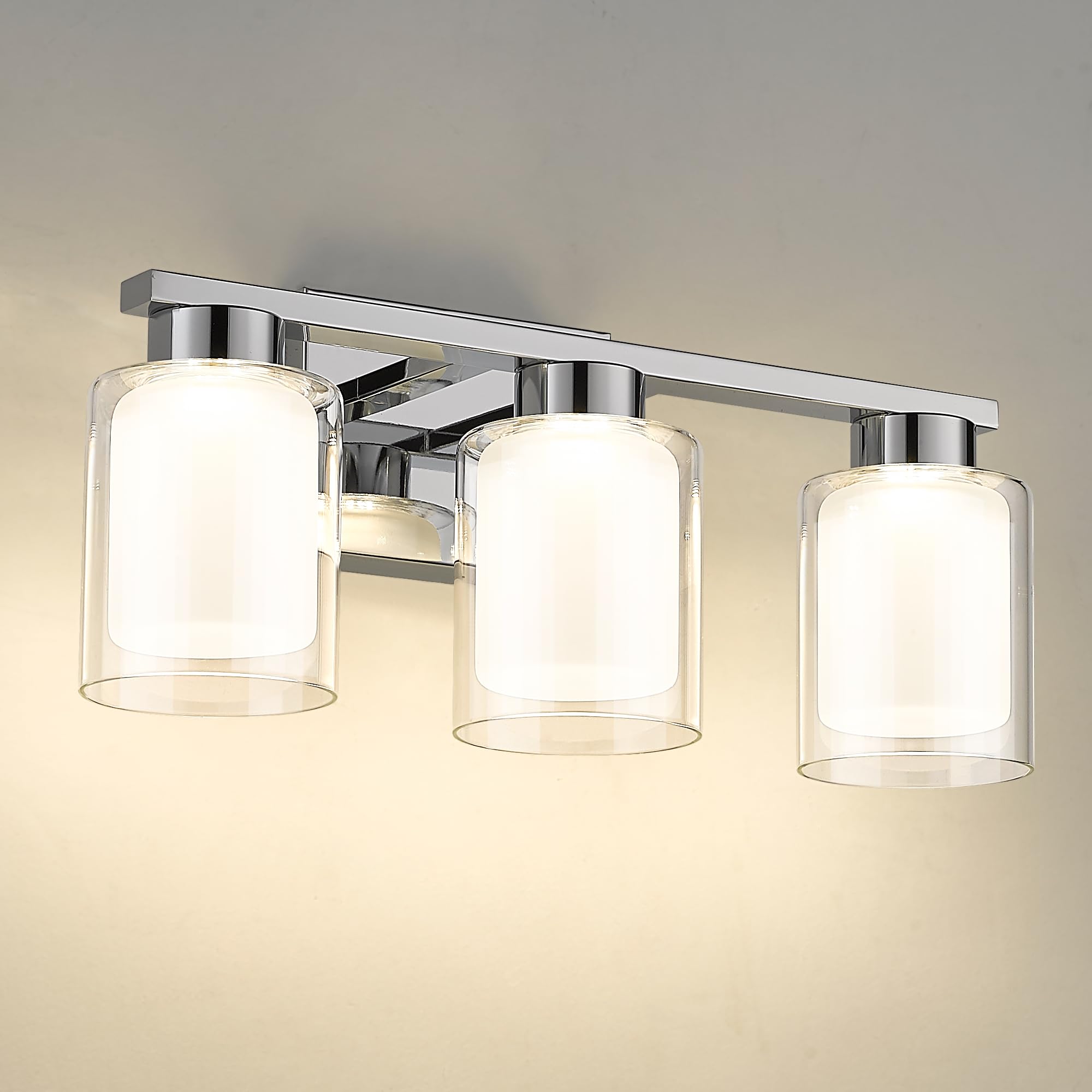Kudos LED Vanity Lights for Bathroom - Modern Chrome 3-Light Bathroom Fixture with Clear & Frosted Glass, 3000K/4000K/5000K Adjustable Color Temperature (KDVL04-CH-3) - Perfect for Makeup, Shaving & Grooming in Modern Bathrooms