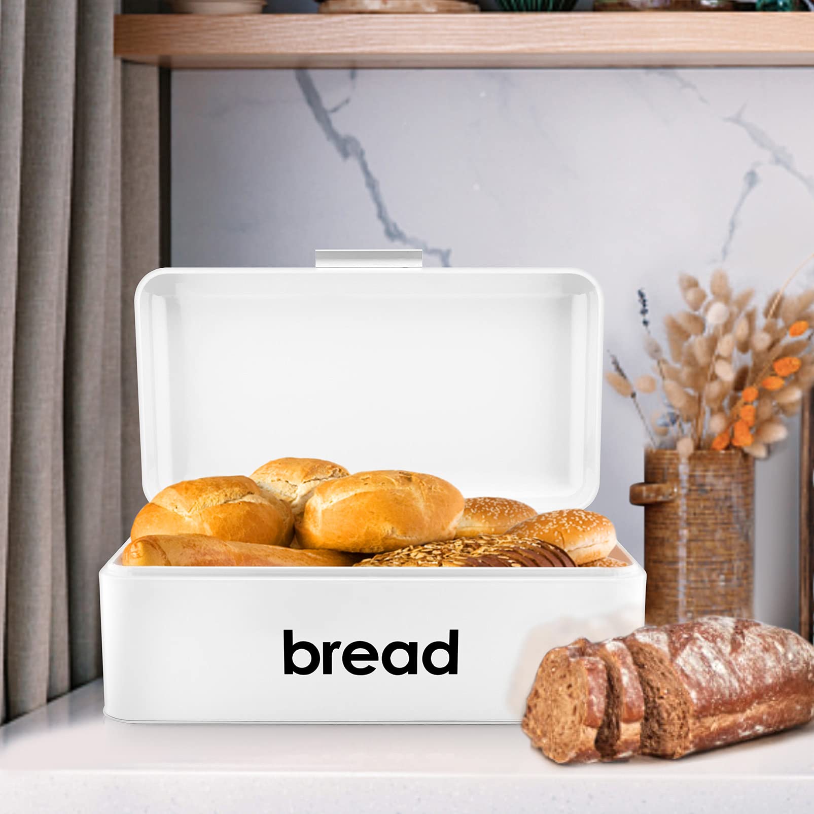 White Metal Bread Box for Kitchen Countertop - Large Capacity Food Storage Container for Bread Loaves & Pastries - Modern Design with Lifted Cover (16.5x9x6.3 inches) - Perfect for Home, Bakery & Restaurant Use