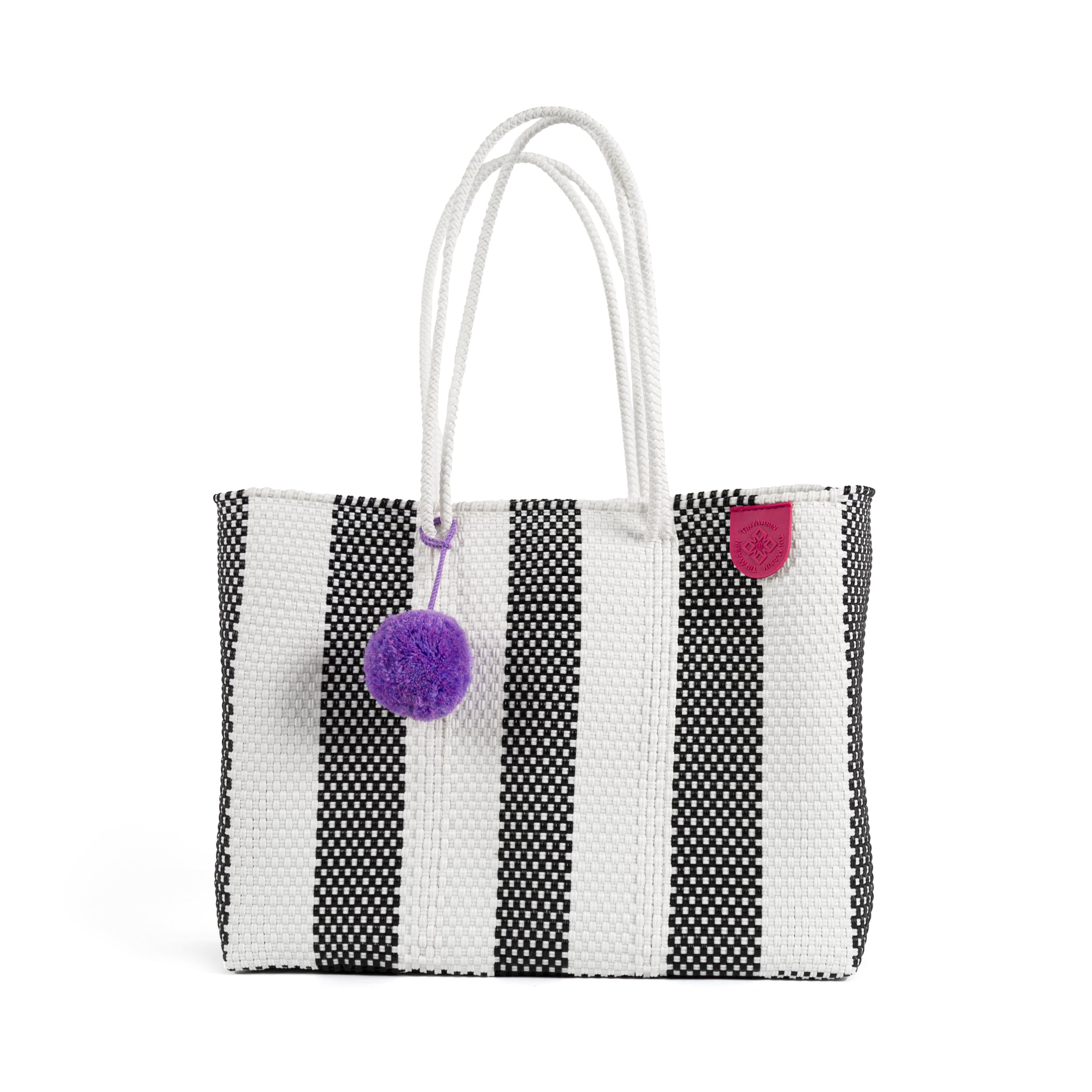 Eco-Friendly Zebra Woven Super Tote Bag - Handwoven Recycled Plastic Mexican Beach Bag - Black & White Water-Resistant Summer Tote for Beach, Shopping & Travel