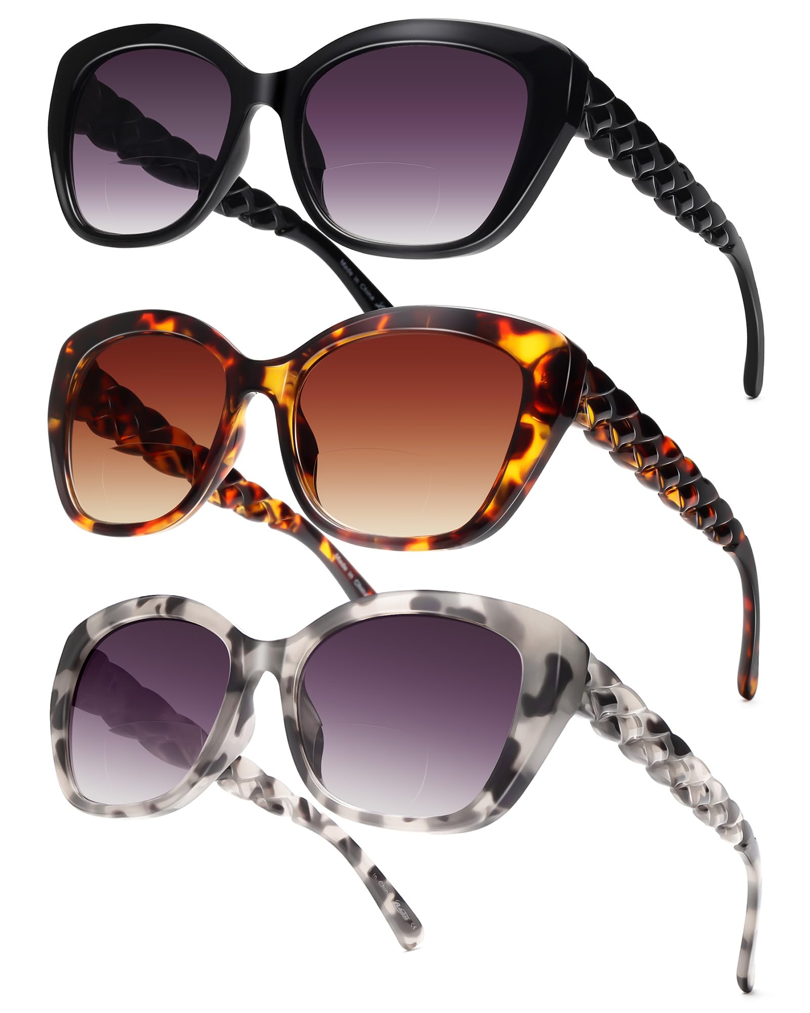 LADEESSE 3 Pack Bifocal Sunglasses for Women - UV400 Protection Reading Sunglasses with +2.0 Magnification | Stylish Prescription Eyewear for Outdoor Activities, Driving & Reading