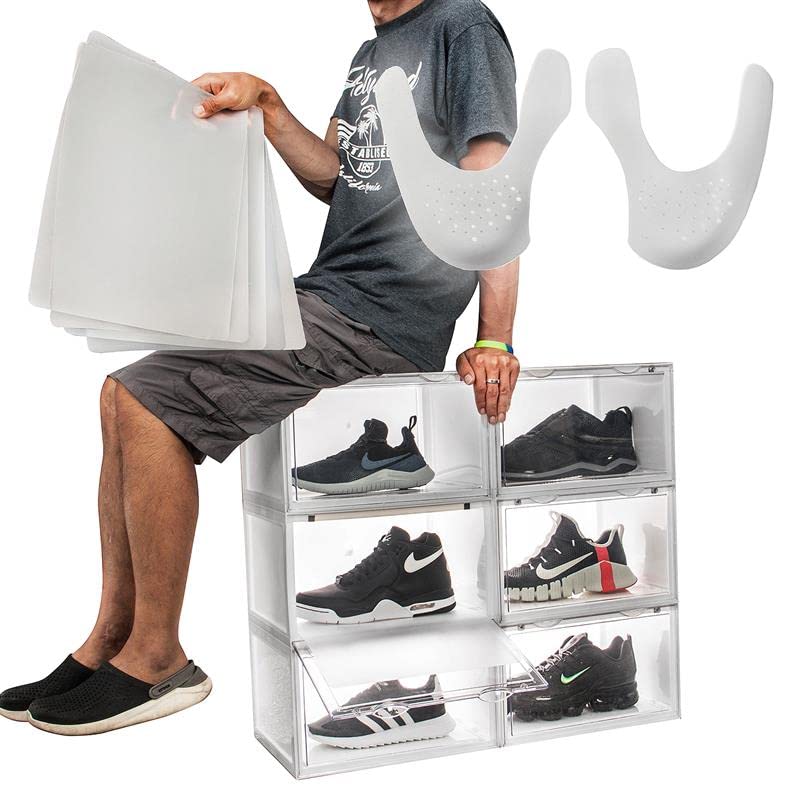 Letusto Premium Clear Plastic Shoe Storage Boxes - 6 Pack Stackable Sneaker Display Cases with Lids (White) | Includes 6 Hygiene Pads & Shapers | Perfect for Organizing Sneakers, Boots & High Heels in Closet or Retail Store Display