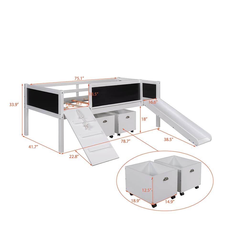 **White Twin Size Wood Loft Bed with 2 Storage Boxes & Chalkboard - Perfect for Kids & Teens Room - Space-Saving Study & Play Furniture**