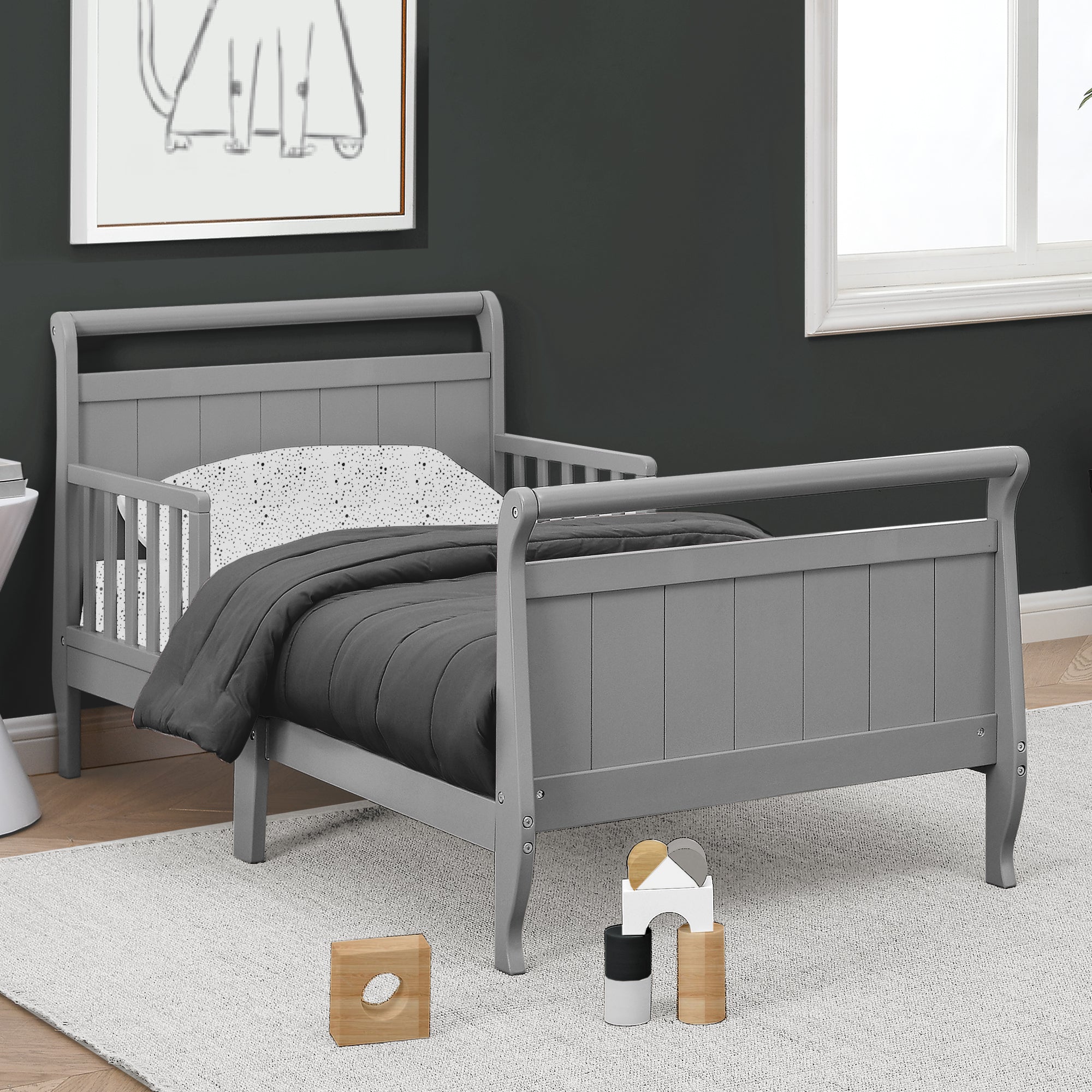 Wooden Sleigh Toddler Bed for Kids - Rustic Nursery Furniture for Boys & Girls - Perfect for Bedrooms, Daycare Centers, and Cozy Sleep Spaces