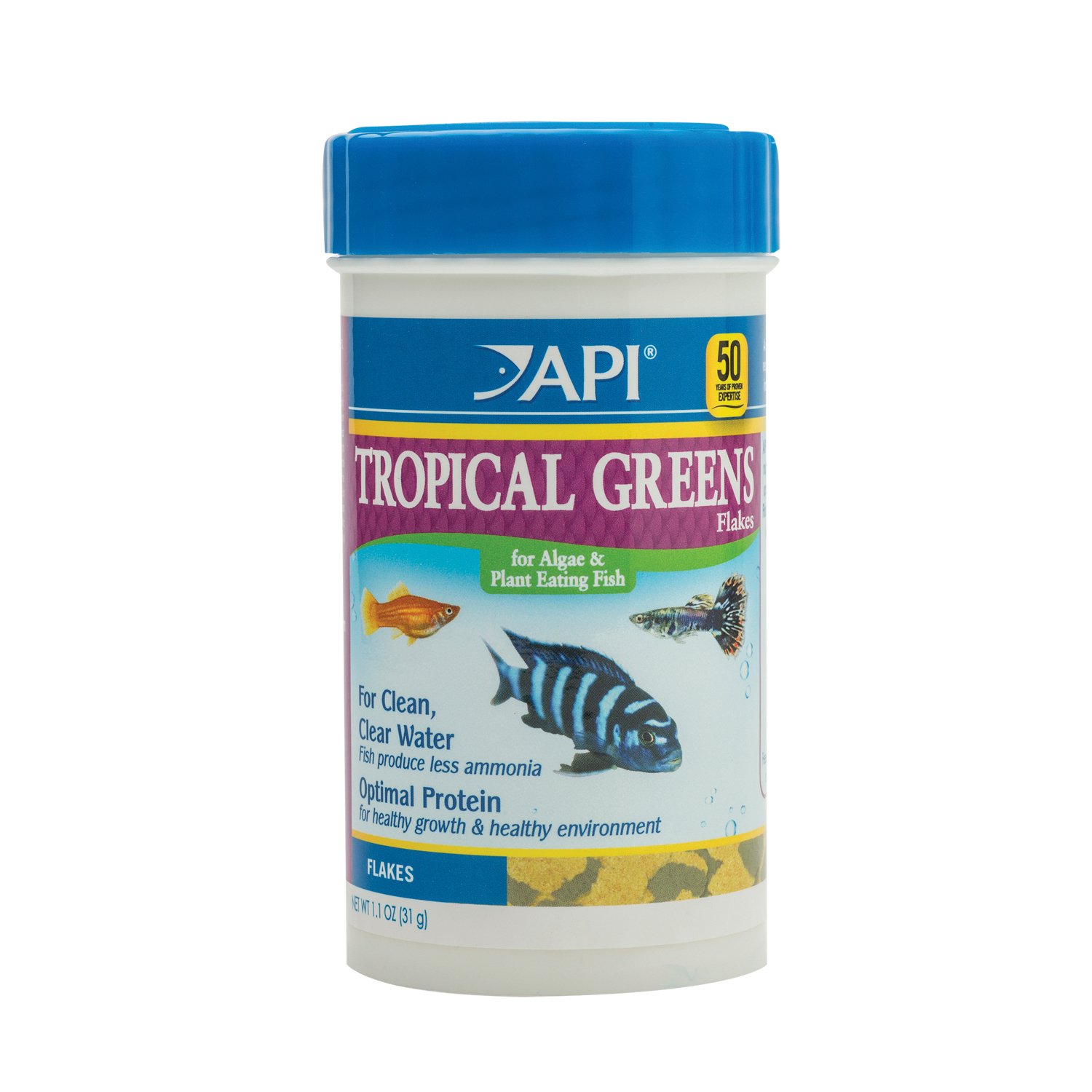 API TROPICAL GREENS FLAKES Fish Food - Premium Tropical Fish Greens Flakes for Freshwater Aquariums (1.1-Ounce Container) - Ideal for Herbivorous Fish like Goldfish, Cichlids & Angelfish