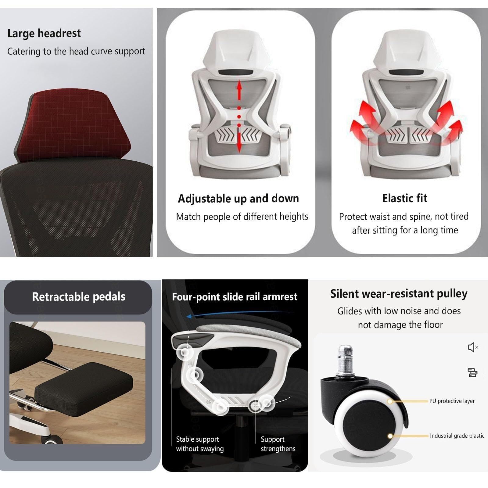 Ergonomic Office Chair with Adjustable Lumbar Support & Retractable Footrest - Comfortable Computer Desk Chair for Home Office, Study, Gaming - White & Black (Black) - Perfect for Long Work Hours & Online Classes