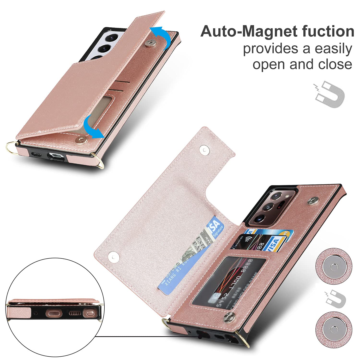 CCSmall Removable Crossbody Wallet Case for Samsung Galaxy Note 20 Ultra - Card Holder & Shockproof Purse Cover with Detachable Strap (Rose Gold) | Perfect for Travel, Shopping & Everyday Use