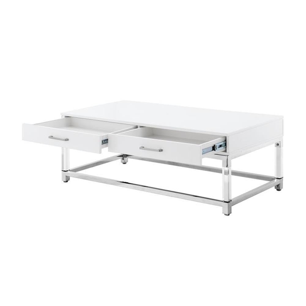 White/Chrome Metal Coffee Table with Acrylic Legs - Living Room Decor