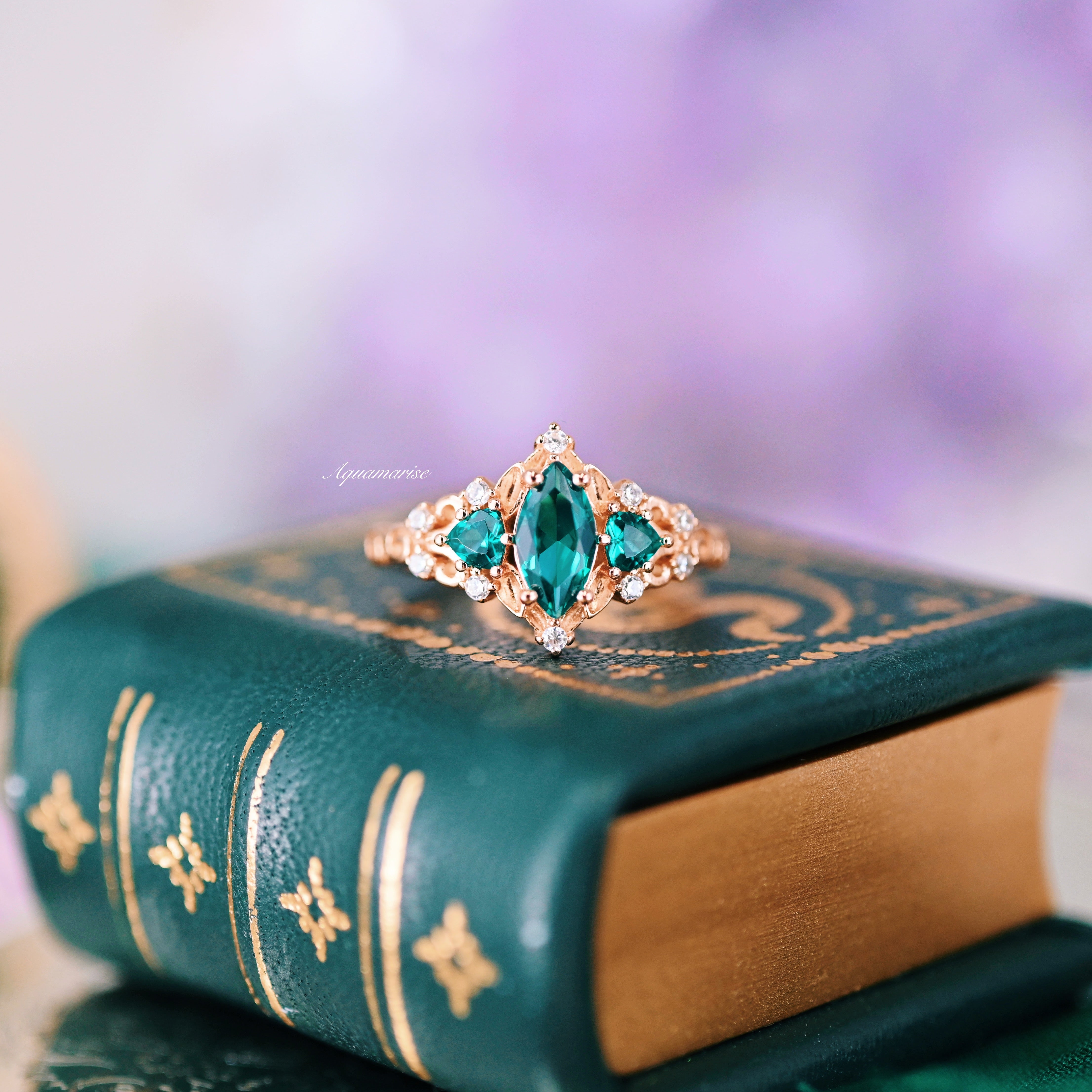 14K Rose Gold Vermeil Teal Sapphire Fairy Leaf Engagement Ring – Elegant Nature-Inspired Jewelry for Weddings, Proposals & Special Occasions