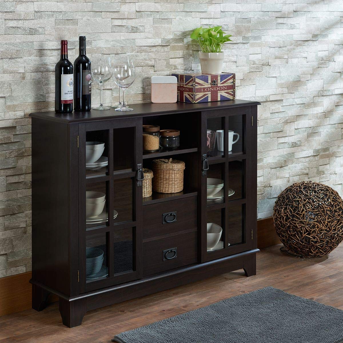 HABITRIO Modern Console Table with Drawers and Shelves - Rectangular Composite Wood Sideboard with Framed Glass Door Storage, Open Compartment - Perfect for Living Room, Entryway, or Hallway (Espresso Finish)