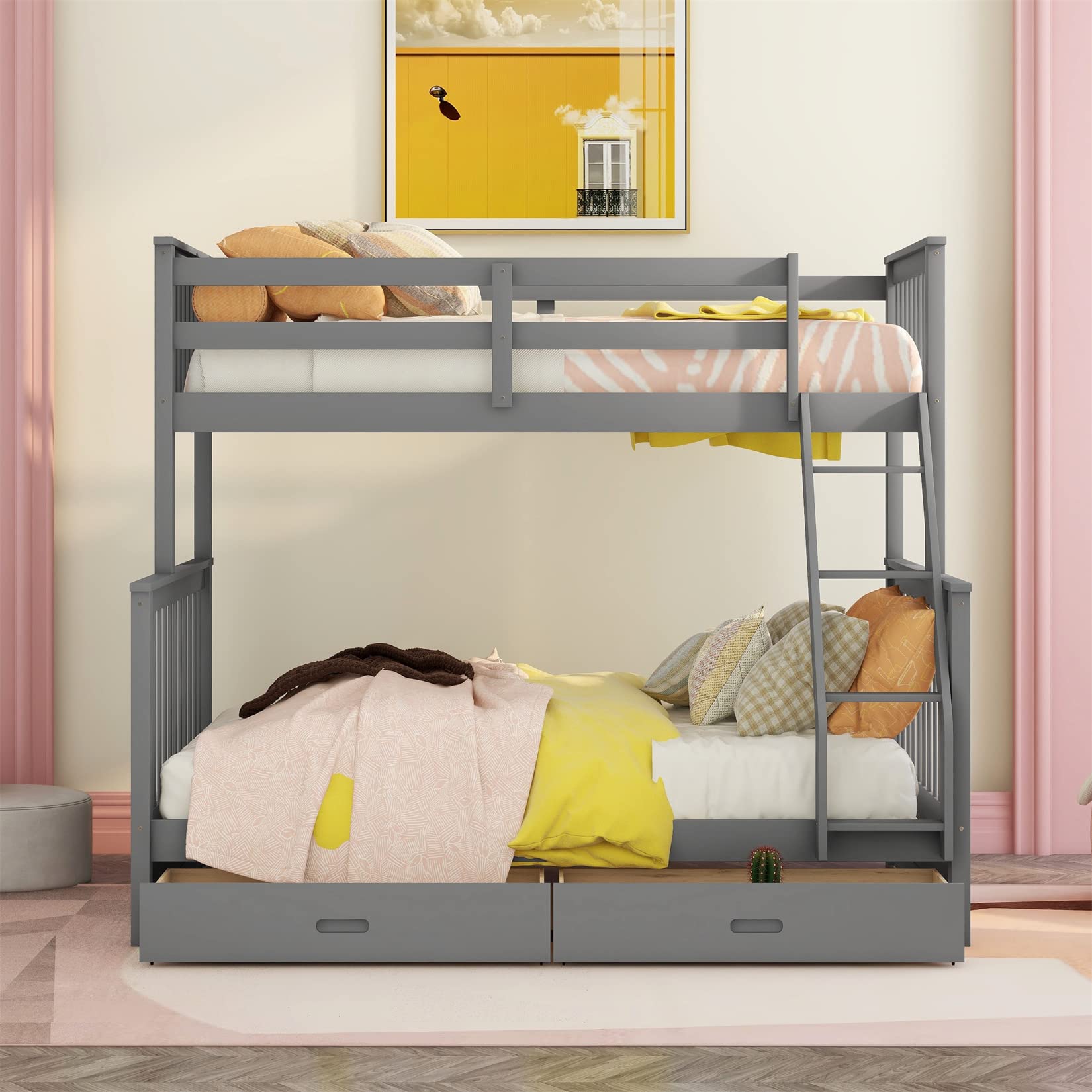 Harper & Bright Twin-Over-Full Bunk Bed with Drawers - Gray Kids Wood Bed Frame for Small Spaces