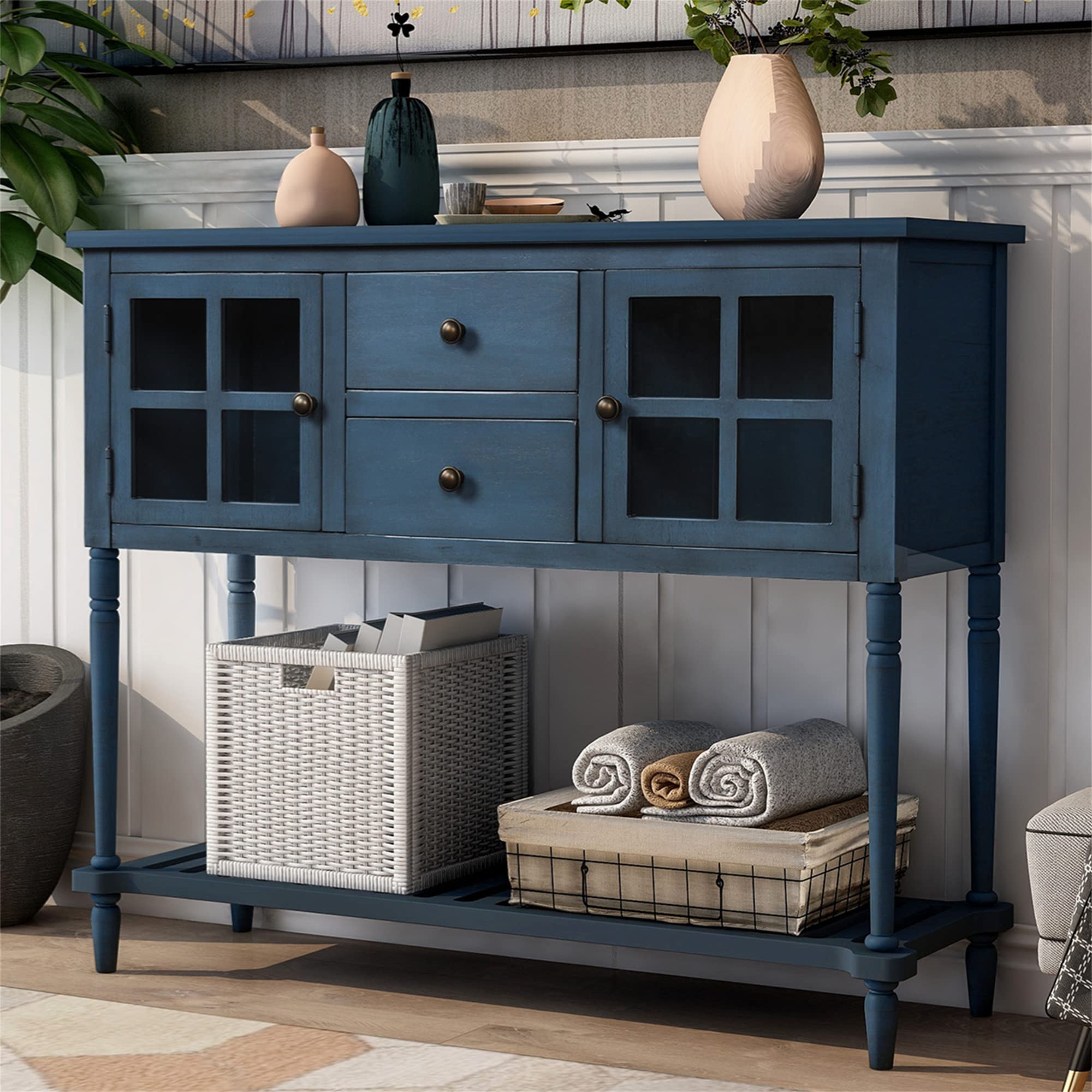 Rustic Farmhouse Console Table with Storage - Entryway Buffet Sideboard with 2 Drawers, Cabinets & Bottom Shelf for Living Room, Hallway, or Dining Room (Antique Navy)