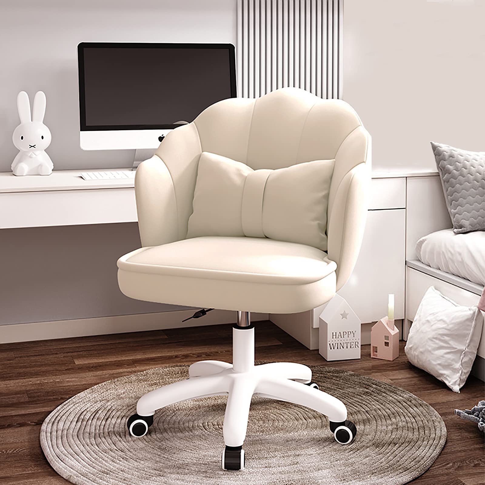 Adjustable Height Velvet Swivel Vanity Chair with Wheels - Mid Back Upholstered Office Chair for Bedroom, Living Room & Home Office - Modern Petal Design with Armrests, White (24
