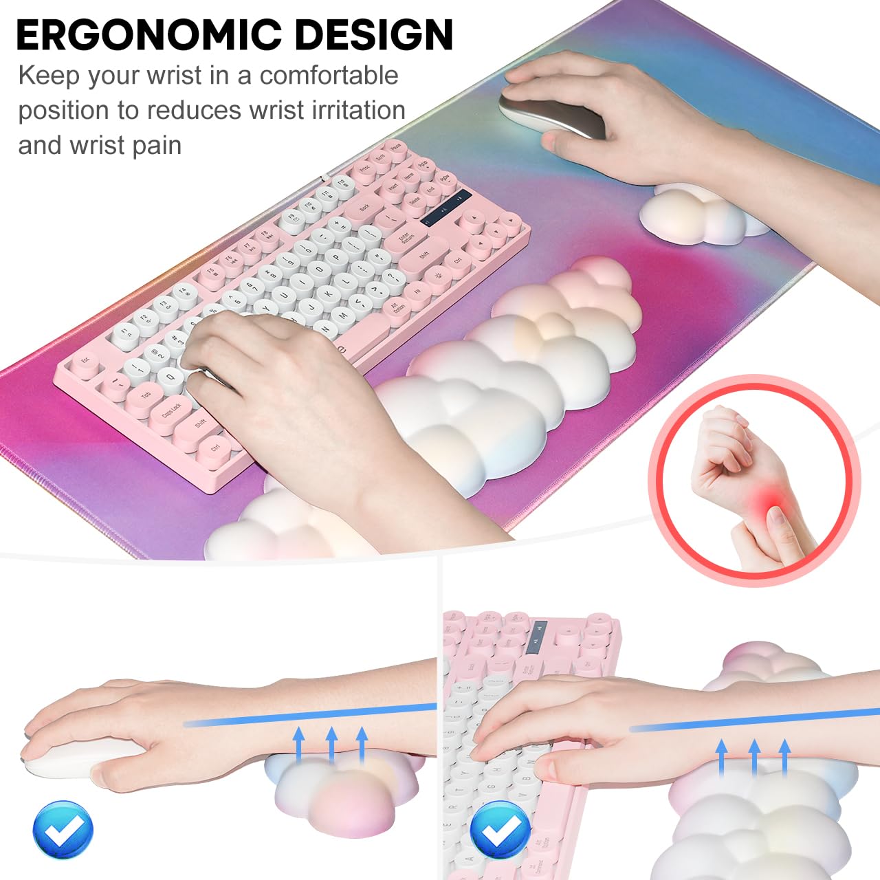 JIKIOU Large Ergonomic Cloud Mouse Pad Set - Waterproof Desk Mat with Wrist Support for Keyboard & Mouse, Rainbow Design 31.5x11.8in - Perfect for Gaming, Office Work & Long Computer Sessions