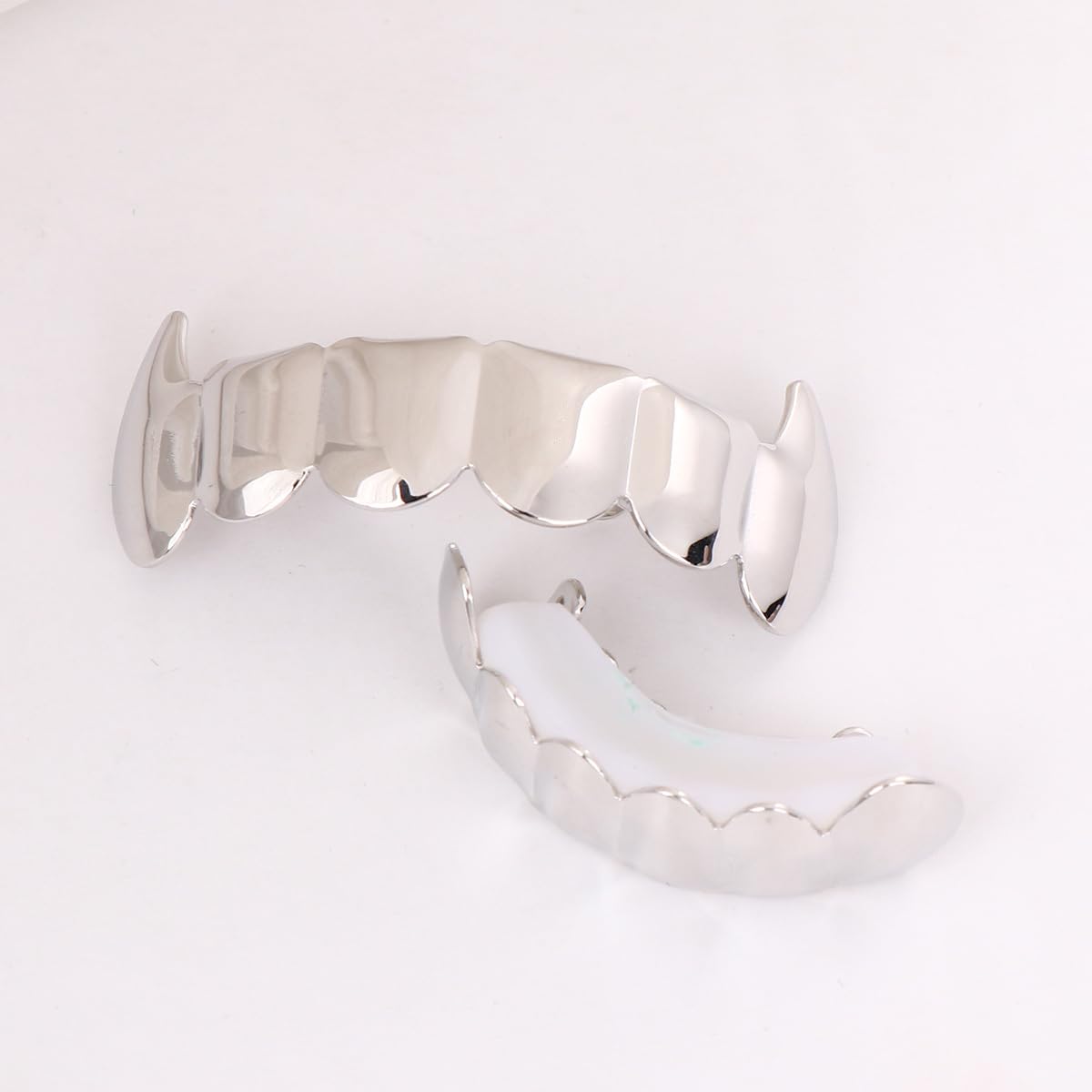 Silver Plated Hip Hop Tooth Grill Set - Top & Bottom Vampire Fangs for Men & Women - Perfect for Halloween, Costume Parties, Rap Performances and Street Style Fashion